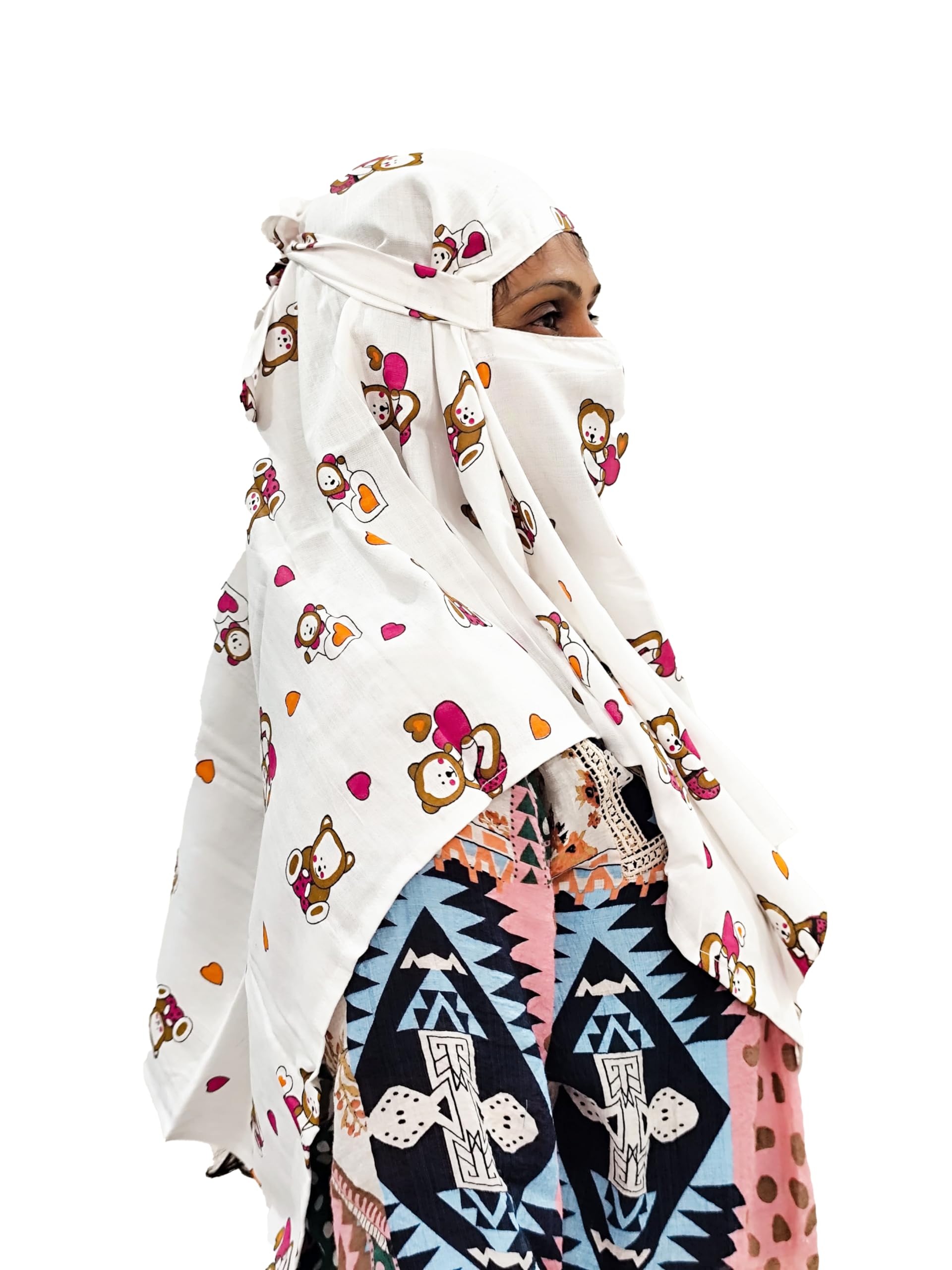 HETVIN Cotton Long Scarf Cum Mask Scarves Usable for Vehicle Driver | White Printed Design Fabric | Universal Size | Soft & Breathable Sun Protection | For Girl & Women (Tedy Bear Short Scarf)