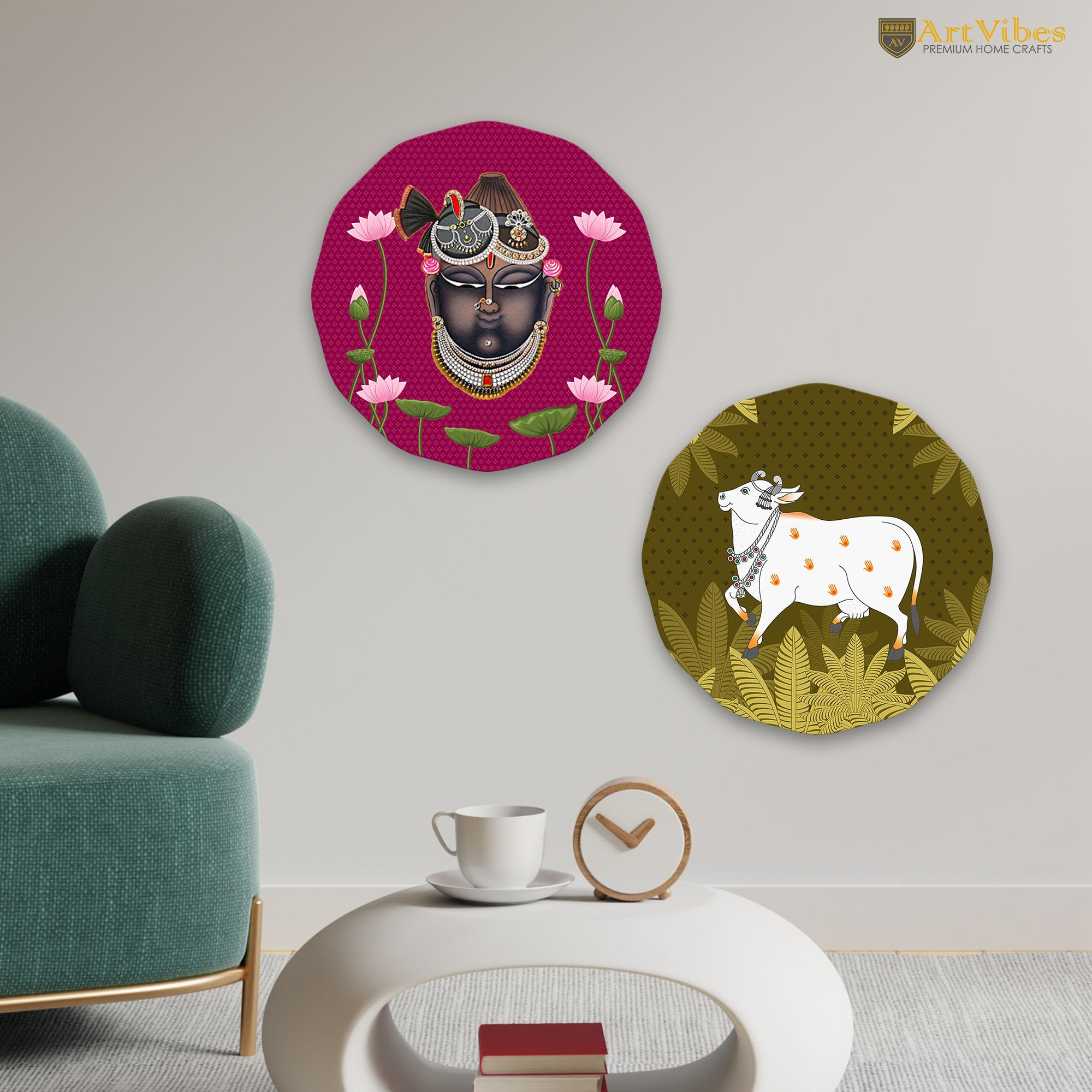 Artvibes Shrinath Ji & Sacred Cow Pichwai Art Round Shape MDF Wooden Wall Decor Items | Living Room | Handcrafted Art | Wall Poster | Aesthetic Wooden Decor | Art Print | Gifts (WH_8808N), Set of 2