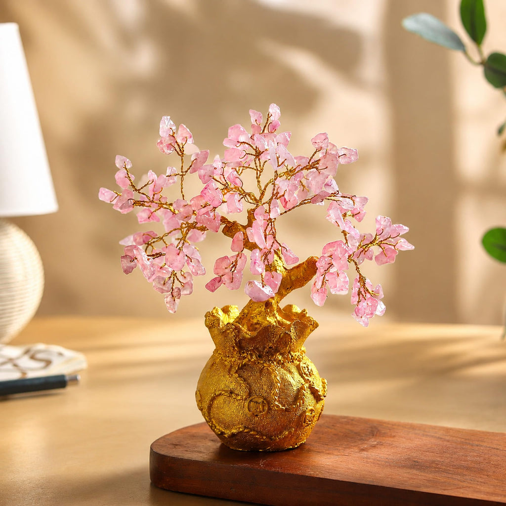 Habere India-All the Cultures Fabricating India Rose Quartz Crystal Tree in Gold Pot | Feng Shui Tree for Love, Harmony & Positive Energy | Healing Crystal Home Decor (L15 x W10 x H17 cm)