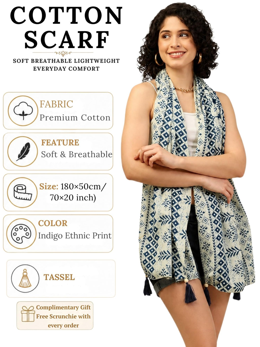 KE KANHA EXPORTS Cotton Scarf with Tassels|Scarf for Women Stylish|Stole for Women|Breathable Boho Beach Summer Wrap|Multicolor Scarf|Easily Fits 180 * 50 CM