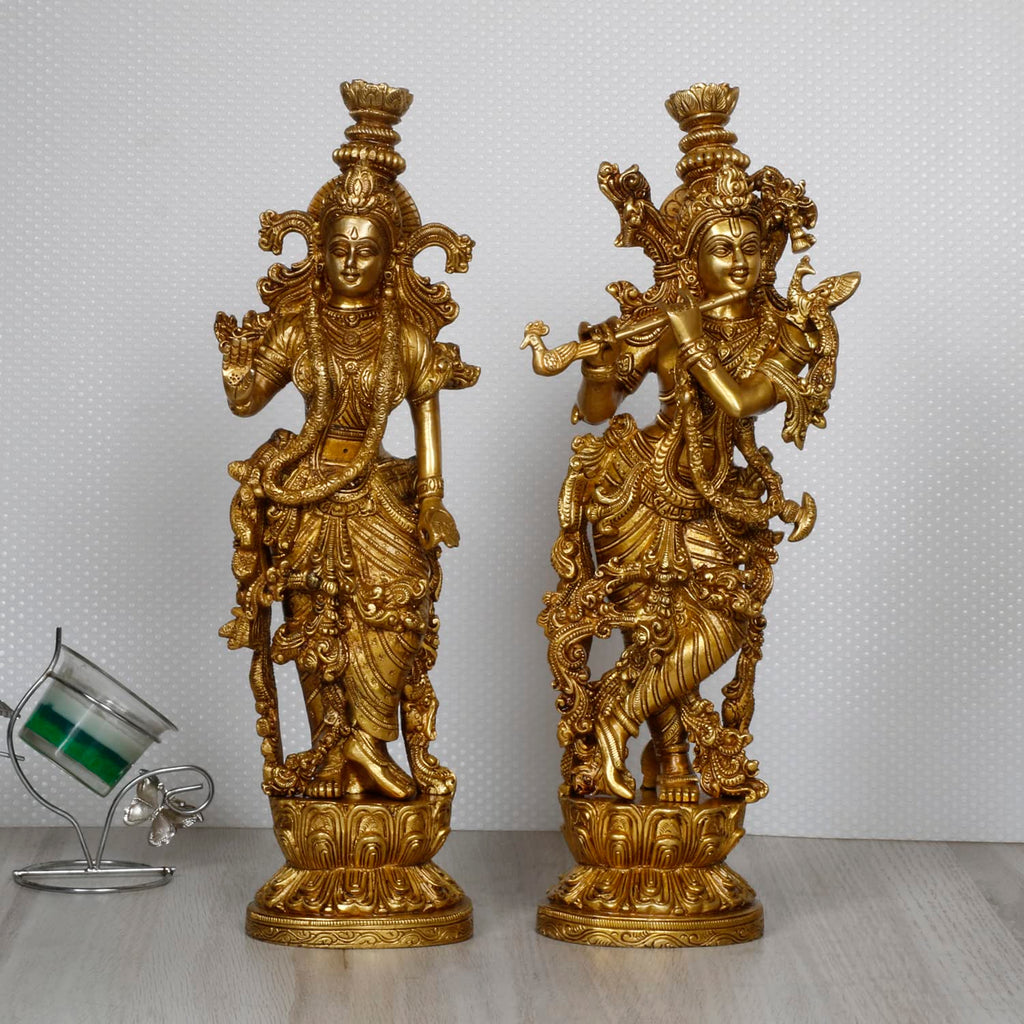 ARTVARKO Radha Krishna Brass Idol Krishna Playing Flute Radha Pital Murti for Home Mandir Decor Gift Height 14 Inch