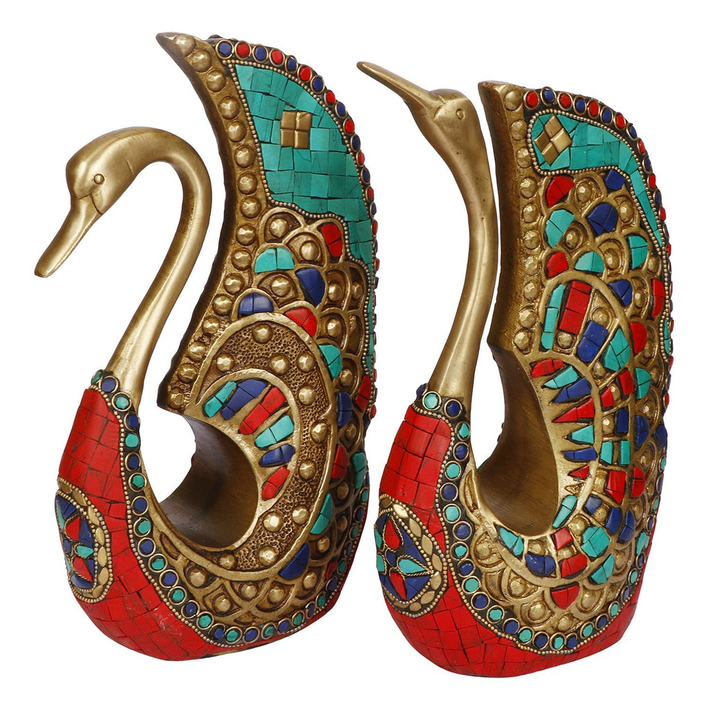 SVARUP Brass Swan Duck Pair Love Couple Vastu Feng Shui Decorative Animal Figure Gift Items 9.5 Inch Multicolor