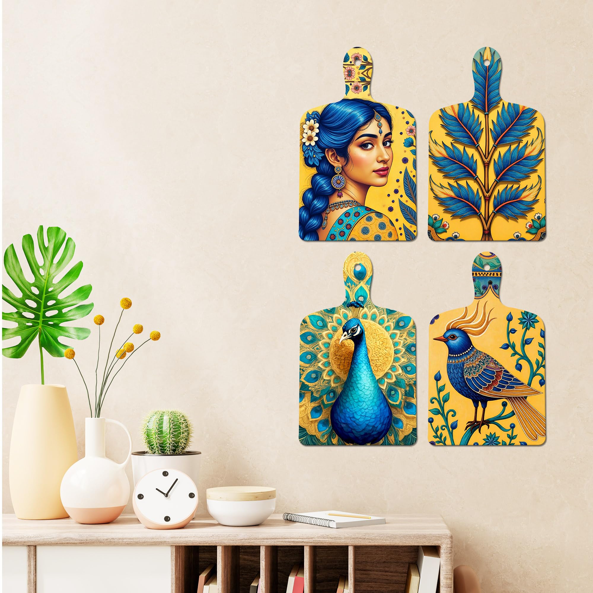 Artvibes Peacock Bird & Beautiful Women Traditional Modern Art Wooden Art Decoration Item for Home | Wall Accent | Sceneries | Wall Illustrations | Graphic Artwork | Gift Items (WH_5633N), Set of 4