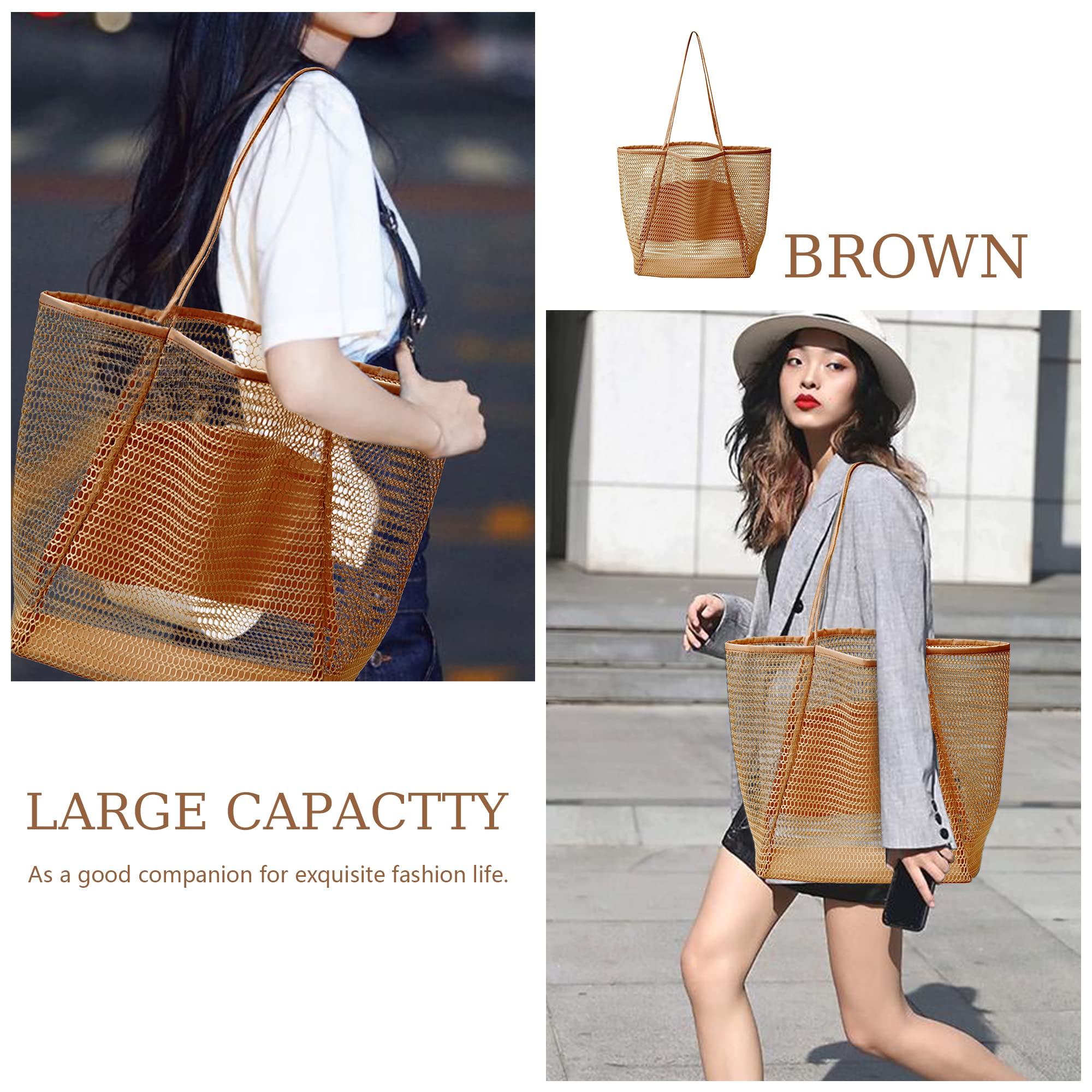 Jereture Mesh Beach Tote Womens Shoulder Handbag, Women Foldable MAX 23L Casual Tote Bag Hobo Bag For Beach Picnic Vacation, Khaki, Large, Ins