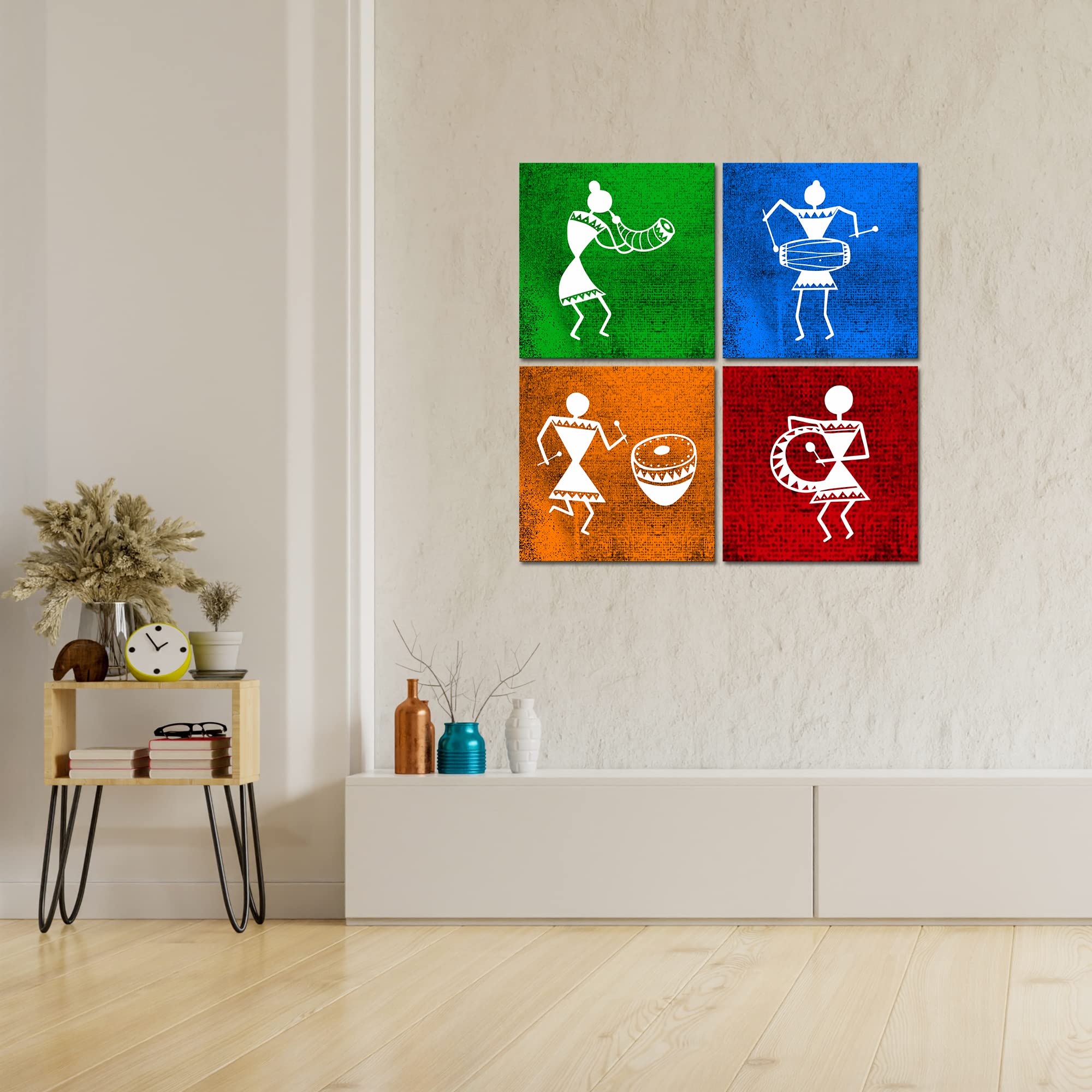 VIBECRAFTS Beautiful Warli Art 4 Pieces Canvas Wall Hanging Painting Fitted With Wooden Frame For Home | Office | Living Room | Gifts (PTVC4Pcs5_16606)