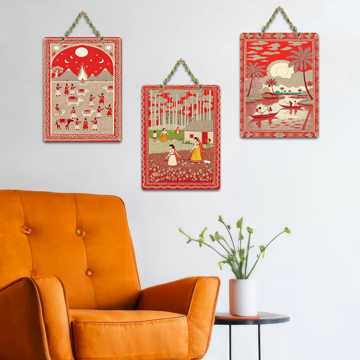 Artvibes Cultural Folk Life Wooden Wall Hanger for Home Decor | Festive Decor Art | Decoration Wall Hanging Items | Wall Sculpture | Wall Poster | Aesthetic Wall Art | Ideal Gift (WH_9673N), Set of 3
