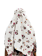 HETVIN Cotton Long Scarf Cum Mask Scarves Usable for Vehicle Driver | White Printed Design Fabric | Universal Size | Soft & Breathable Sun Protection | For Girl & Women (Tedy Bear Short Scarf)