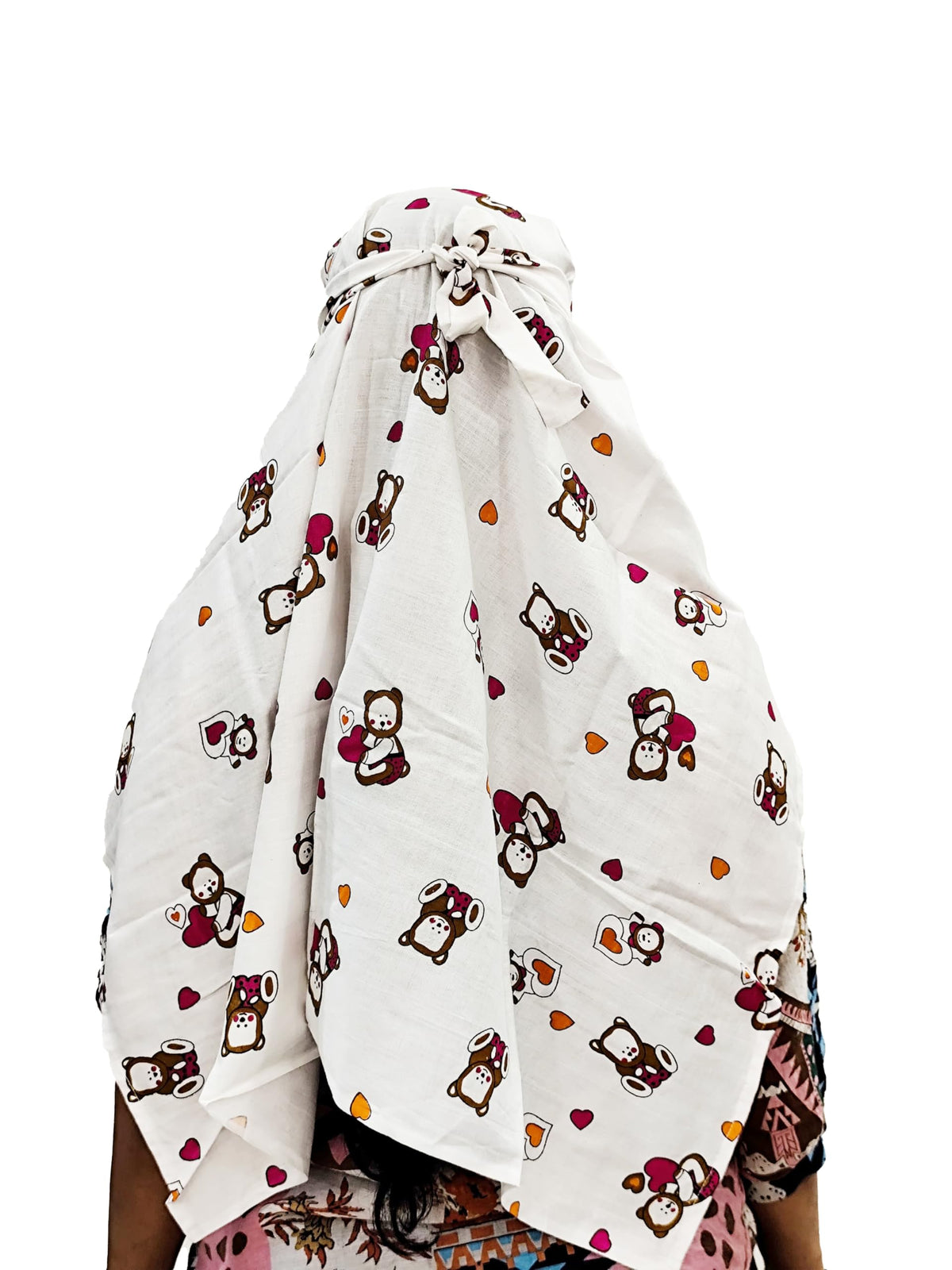 HETVIN Cotton Long Scarf Cum Mask Scarves Usable for Vehicle Driver | White Printed Design Fabric | Universal Size | Soft & Breathable Sun Protection | For Girl & Women (Tedy Bear Short Scarf)