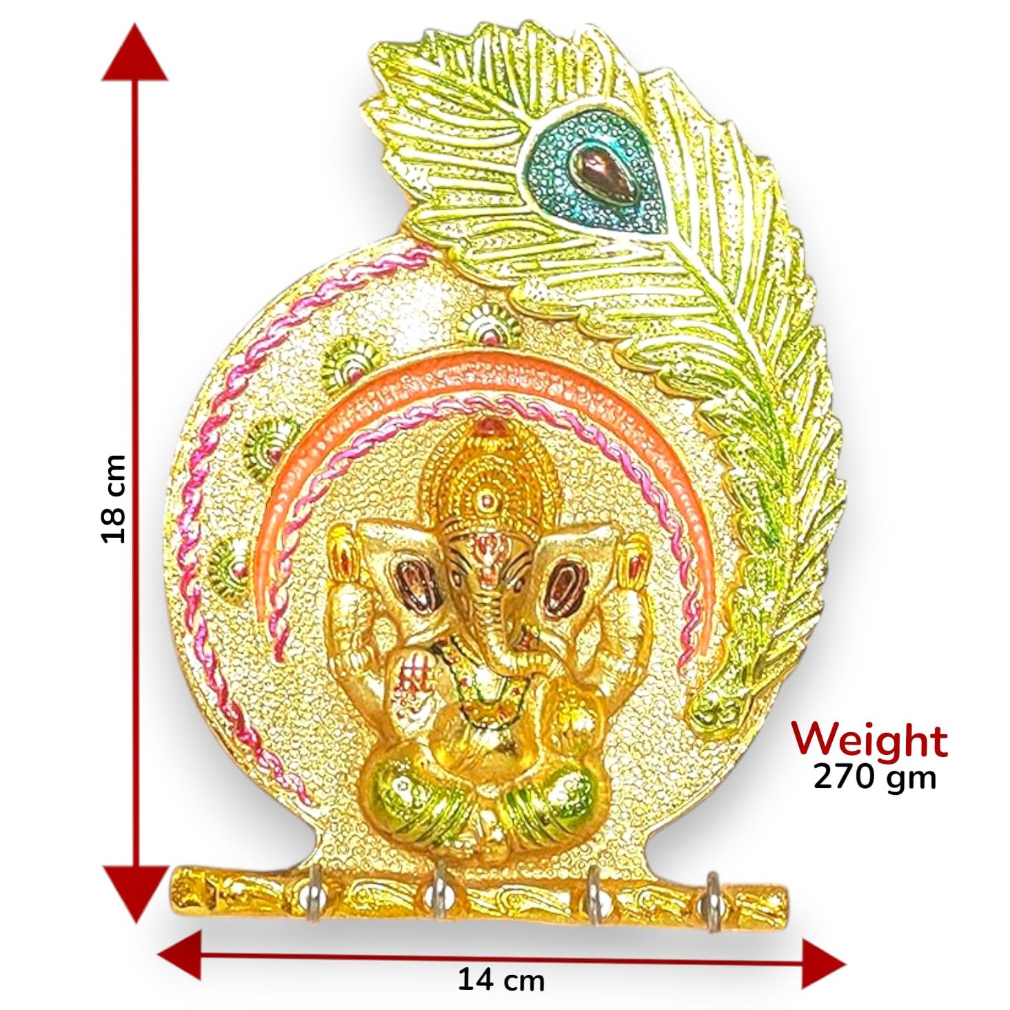 KridayKraft Metal Ganesha ji Key Holder with Meena Work Decorative for Wall | Ganesh Statue/Religious | Idol/Wall Hanging (Ganesh Pankhi MENA)
