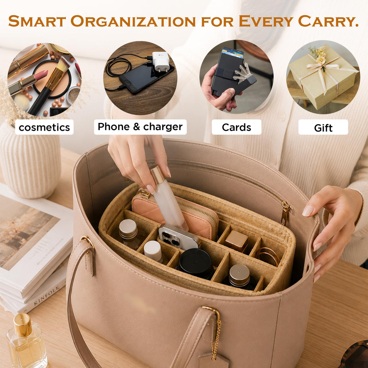 SYUTAM Women Felt Purse Organizer Insert for Ladies Handbag, Tote, Hobo Bag Storage & Purse Divider, Multiple Storage Compartment - Beige(8.85x4.5x5.5) inch (Small)