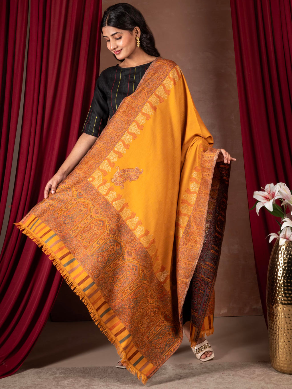 Naureen Women Faux Pashmina Kani Zari Shawl, Warm and Soft, 40x80 inch