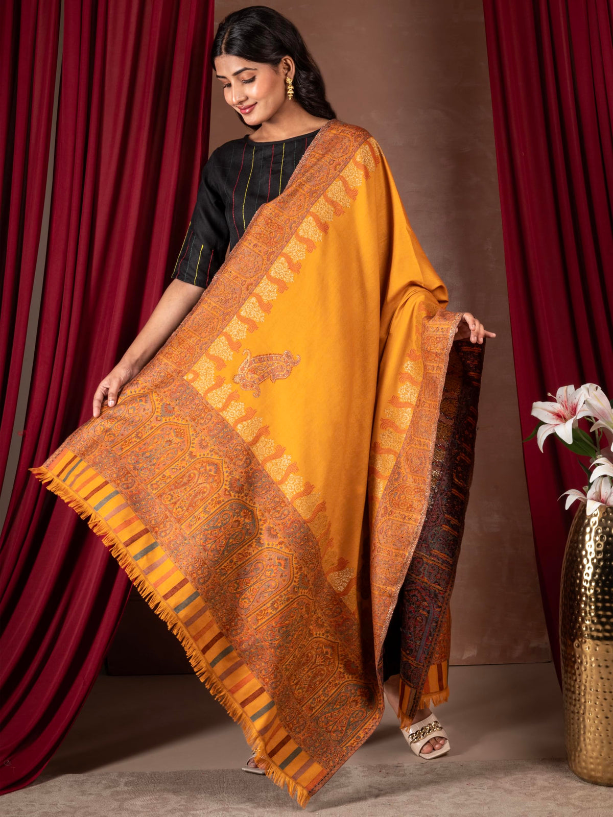 Naureen Women Faux Pashmina Kani Zari Shawl, Warm and Soft, 40x80 inch