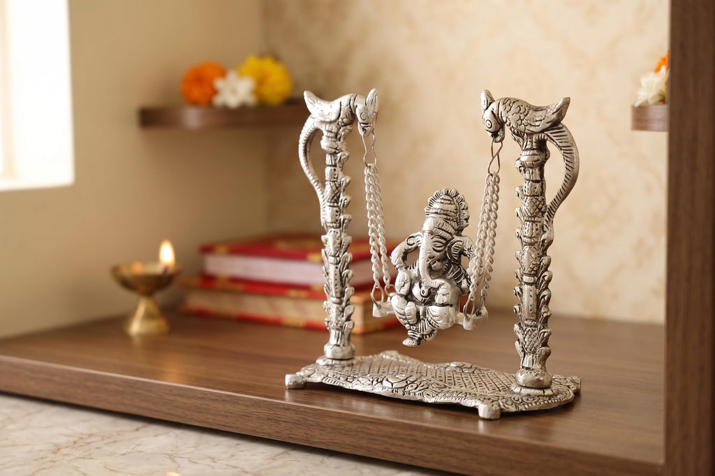 KridayKraft Aluminium Lord Ganesha on Parrot Jhula Idol | Silver Oxidized Finish Decorative Showpiece for Home Decor, Temple, Living Room, Office & Festive Gifting.