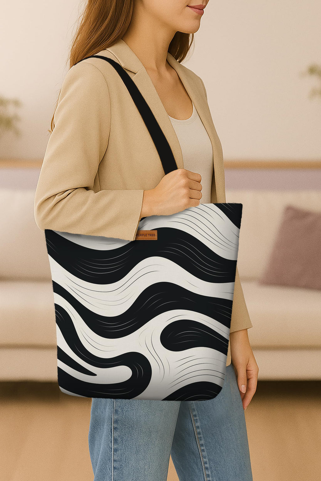 The Purple Tree Eco-Friendly Canvas Tote Bag, Sustainable, Reusable Shopping, Beach, Travel or Everyday Tote, Wide Tote Bag,Monochrome flow