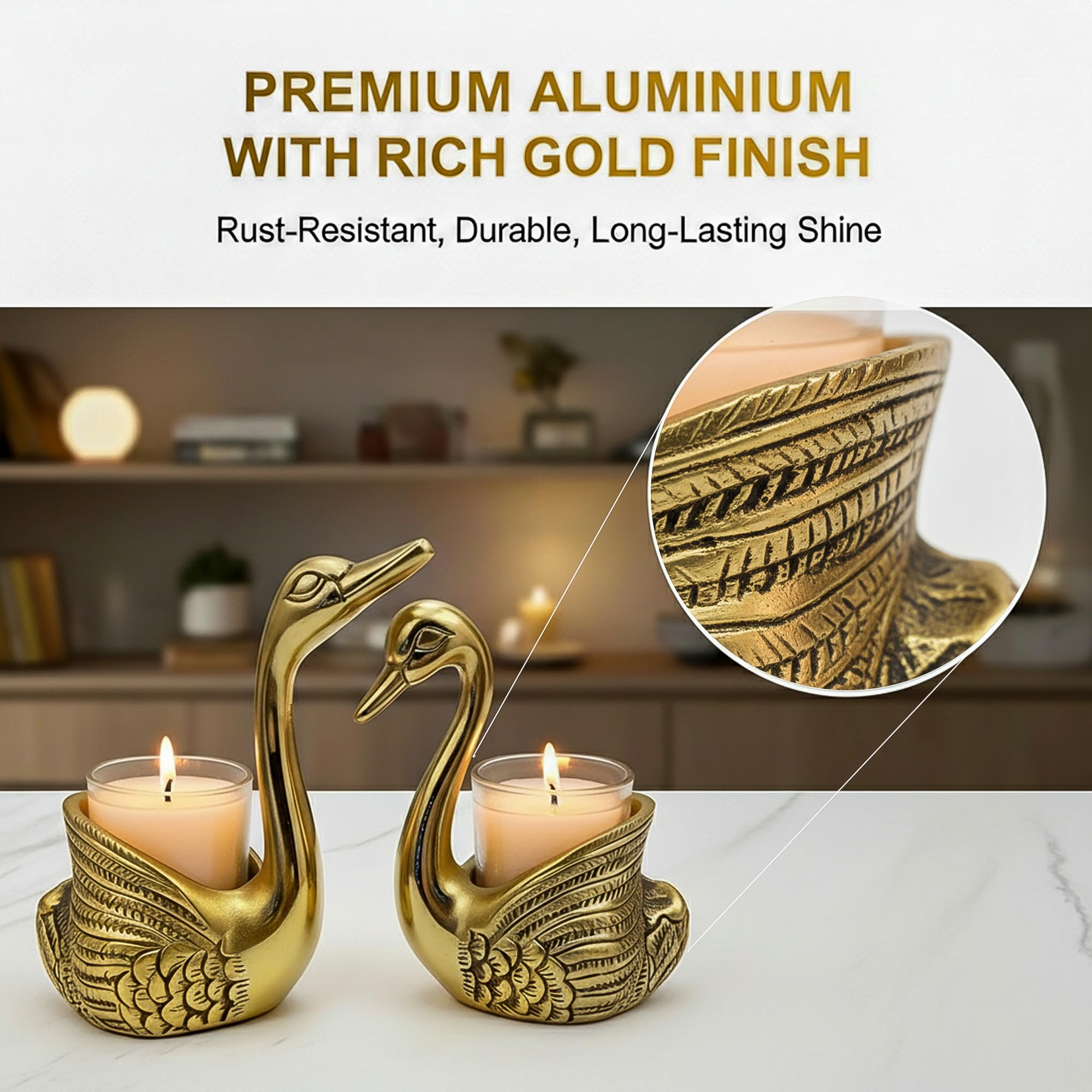 RUNARA Swan Showpiece Tea Light Candle Holder | Love Birds for Good Luck | Home Decor Item | Anniversary & Wedding Gift for Couple | Candle Not Included | Gold
