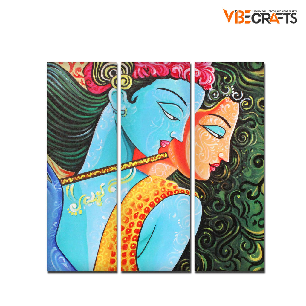 VIBECRAFTS 3 Pieces Shree Radha Krishna Canvas Wall Painting Fitted With Wooden Frame For Home | Office | Living Room | Gifts (PTVC3Pcs1_9548)