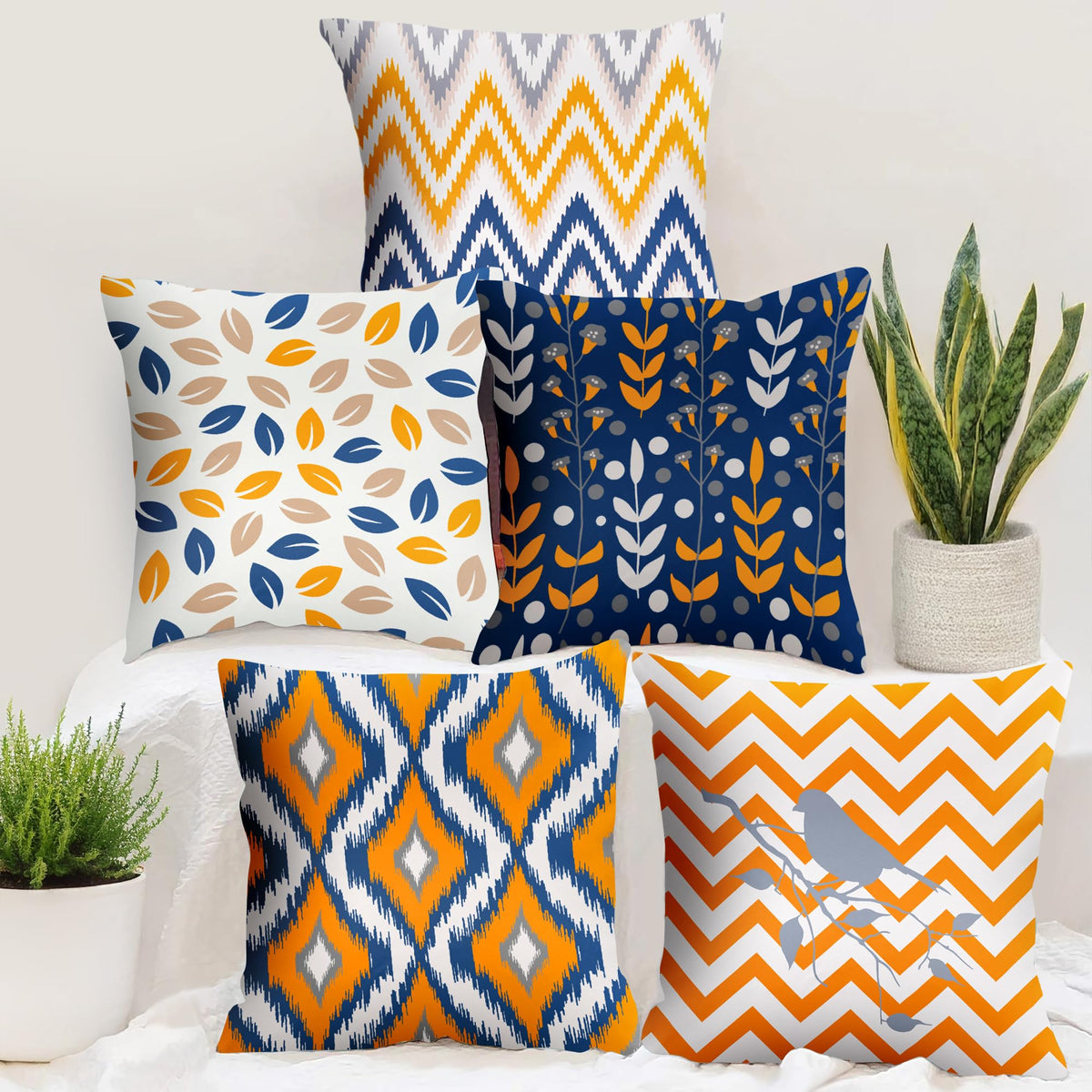 Story@Home Cushion Cover | Polyester | 16 in x 16 inch | Vibrant Blue & Orange Geometric Design | Pillow Covers Set of 5 | Decoration Items for Living Room, Sofa Decor | Chic Accent Cushion Covers