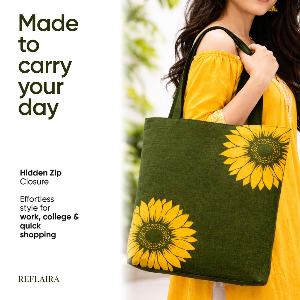 REFLAIRA 300 GSM Cotton Canvas Tote Bag with Hidden Zipper | Sunflower Printed Shoulder Bag | Reusable Eco Friendly College Office Shopping Tote for Women