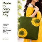 REFLAIRA 300 GSM Cotton Canvas Tote Bag with Hidden Zipper | Sunflower Printed Shoulder Bag | Reusable Eco Friendly College Office Shopping Tote for Women