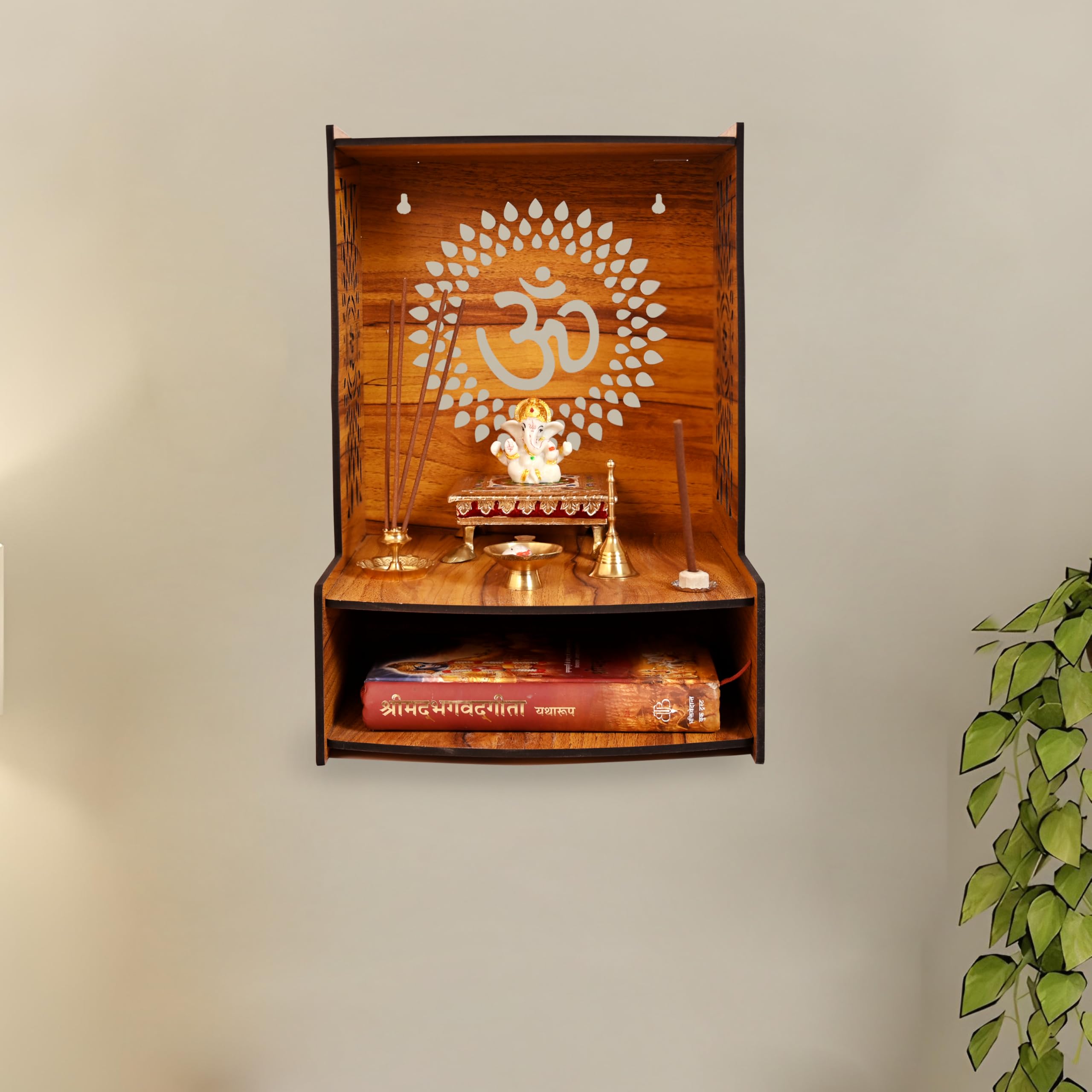 Goelite Beautiful Wooden Temple Unit for Home | Pooja Mandir with Storage Space Wall Mounted | Puja Cupboard for Home Size (H-15.3, L-10.6, B-11 Inch)