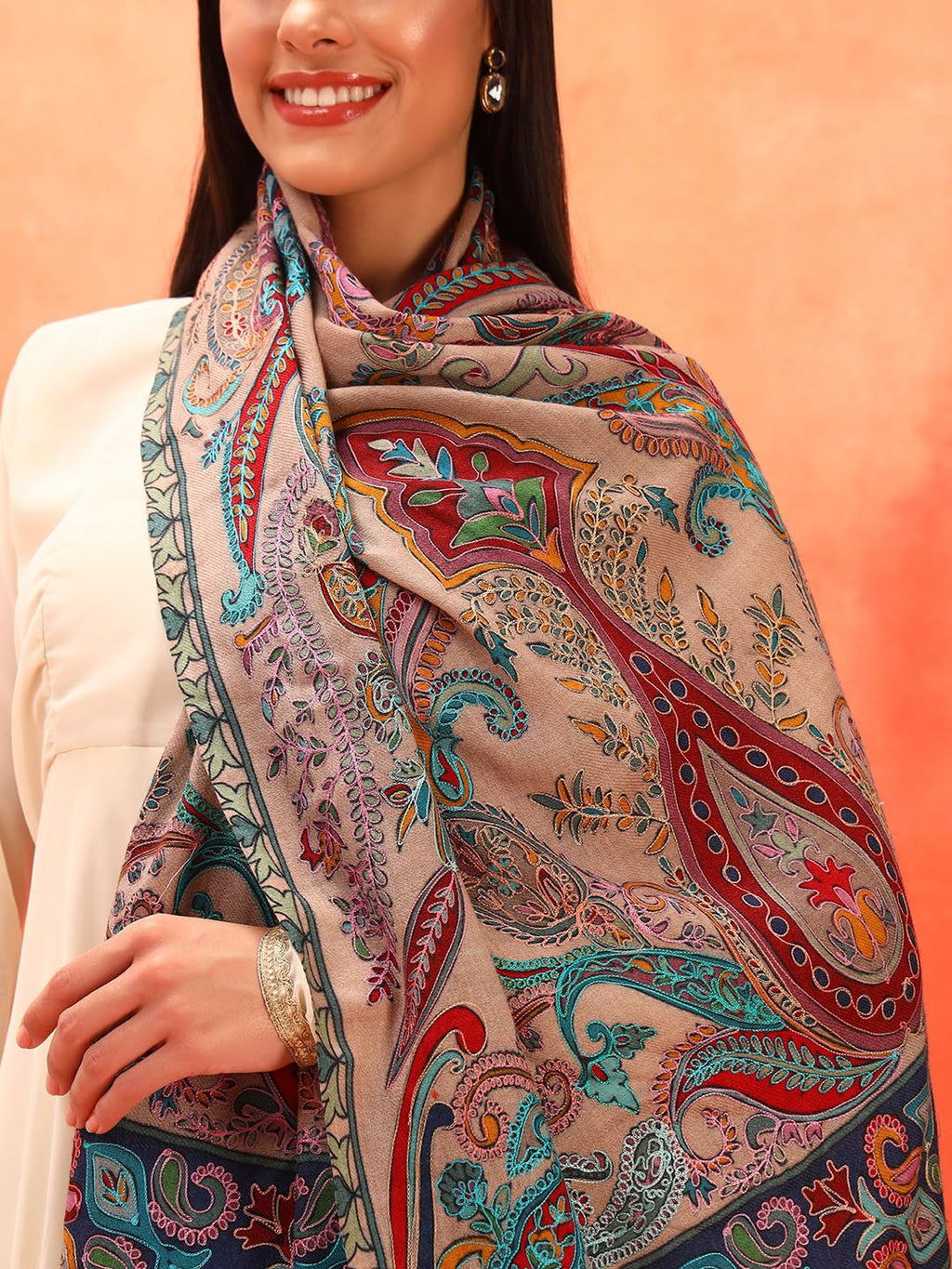 Pashmoda Women Sahtaar 100% Pure Wool Fabric Kalamkari Embroidered Stole, Shawl and Wrap, Sustainable and Natural Fabric, Heritage Kashmiri Pashmina (Size 28x80 Inches) Beige Colour KAST01