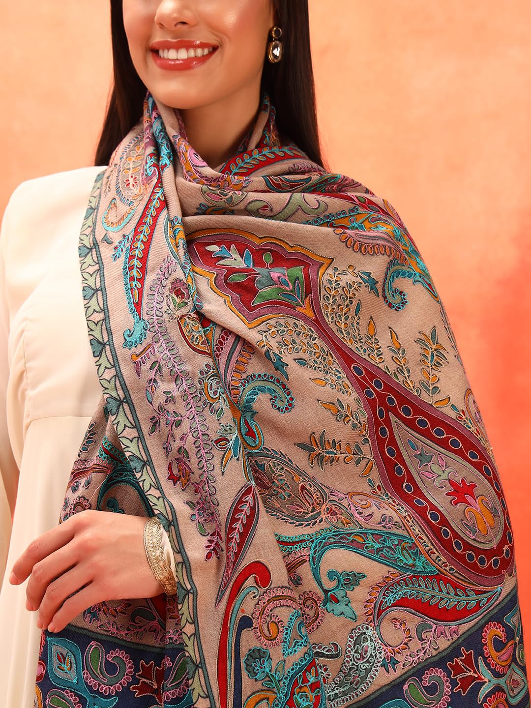 Pashmoda Women Sahtaar 100% Pure Wool Fabric Kalamkari Embroidered Stole, Shawl and Wrap, Sustainable and Natural Fabric, Heritage Kashmiri Pashmina (Size 28x80 Inches) Beige Colour KAST01