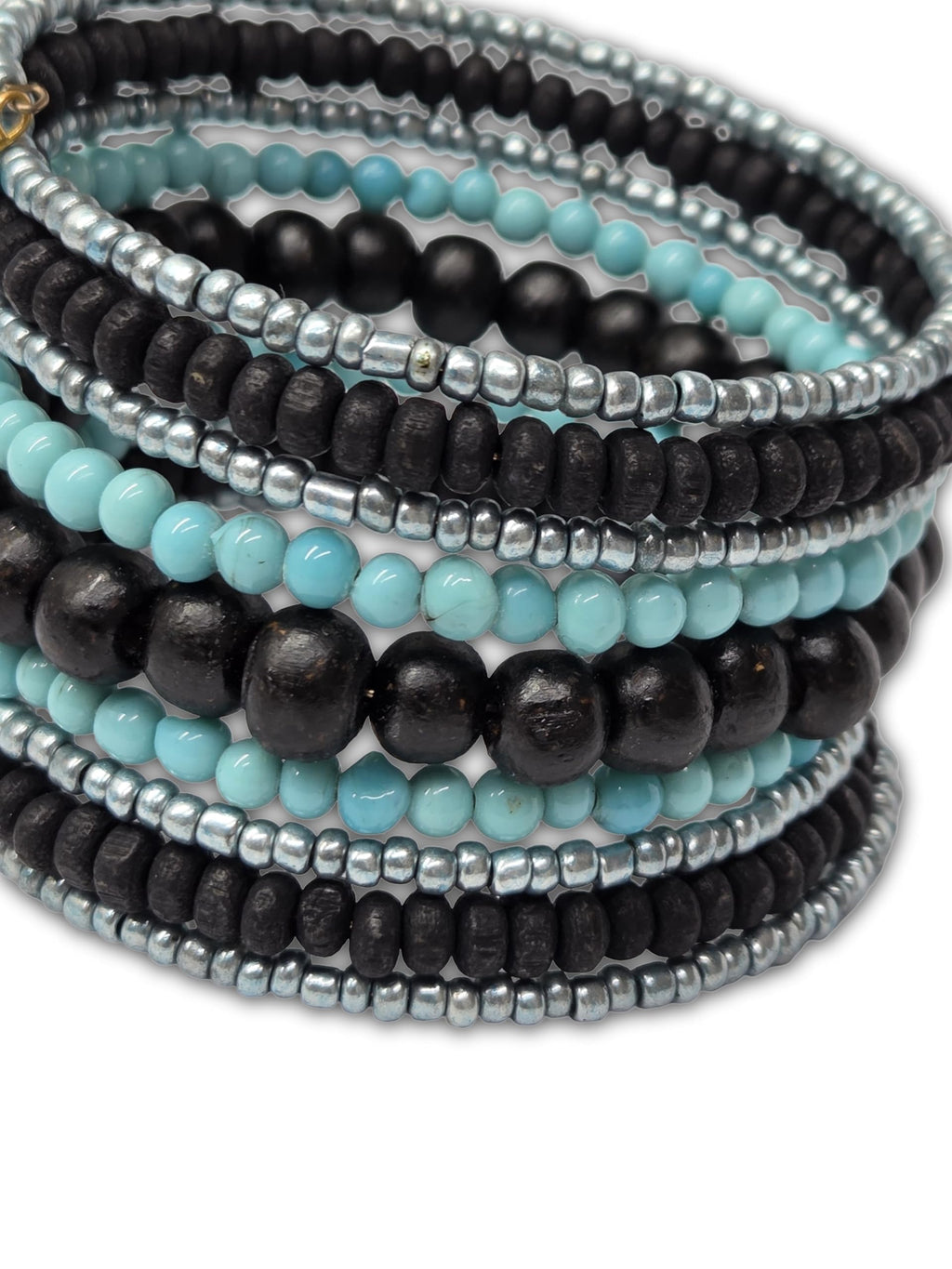 DCA Handmade Turquoise and Black Coil Bracelet, Glass and Wood Beads, Women's Multilayer Wrap Style