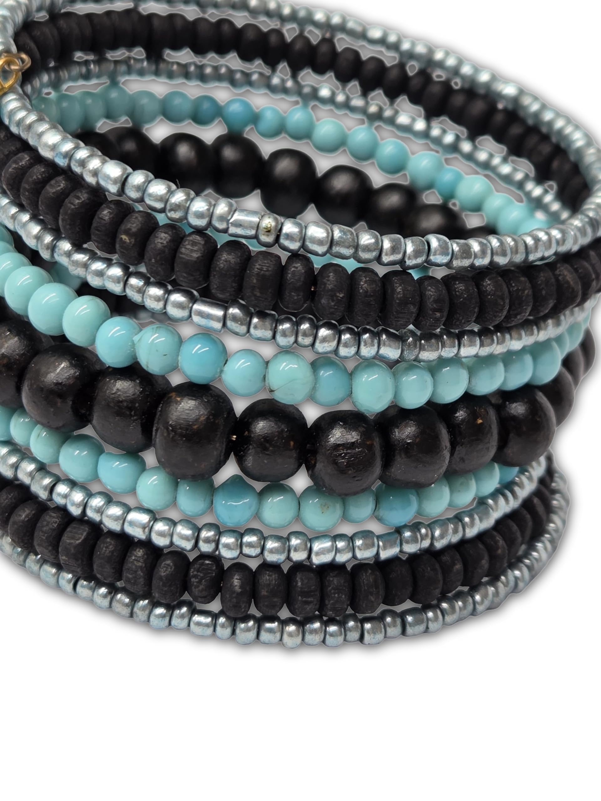 DCA Handmade Turquoise and Black Coil Bracelet, Glass and Wood Beads, Women's Multilayer Wrap Style