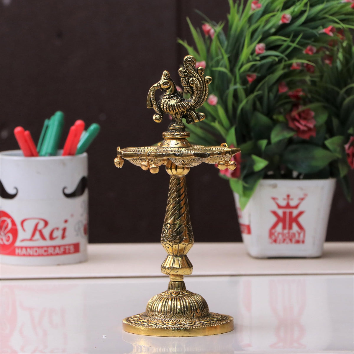 KridayKraft Metal Antique Annapakshi 5 batti Deepak Samai, Peacock Design Diya, vilakku, Deepam, Oil lamp for Temple Pooja | Office & Home Decor