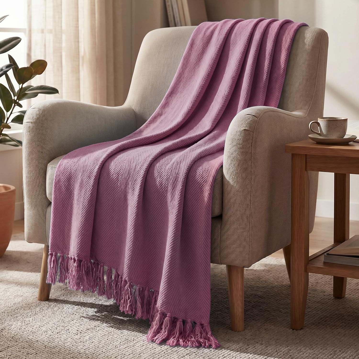 HOKIPO Ballet Pink All Season Cotton Sofa Throw 50x60 Inches, Soft Decorative Living Room Sofa Throw Blanket with Tassels, 'Blush Haven' Series (IN-1134-PNK) Kafalo