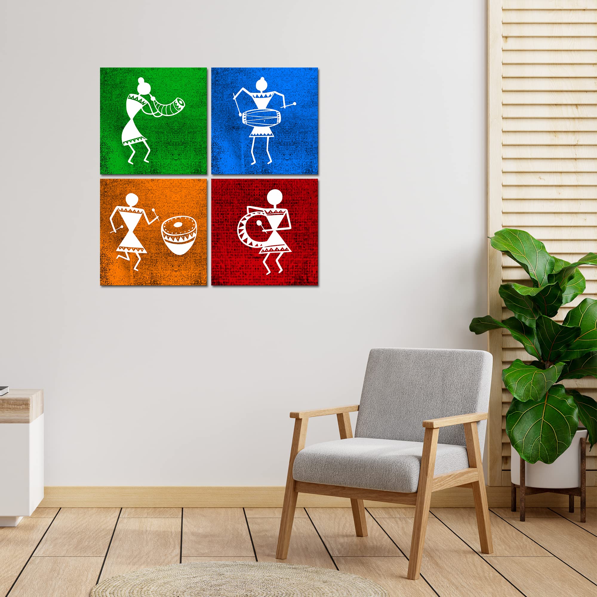 VIBECRAFTS Beautiful Warli Art 4 Pieces Canvas Wall Hanging Painting Fitted With Wooden Frame For Home | Office | Living Room | Gifts (PTVC4Pcs5_16606)