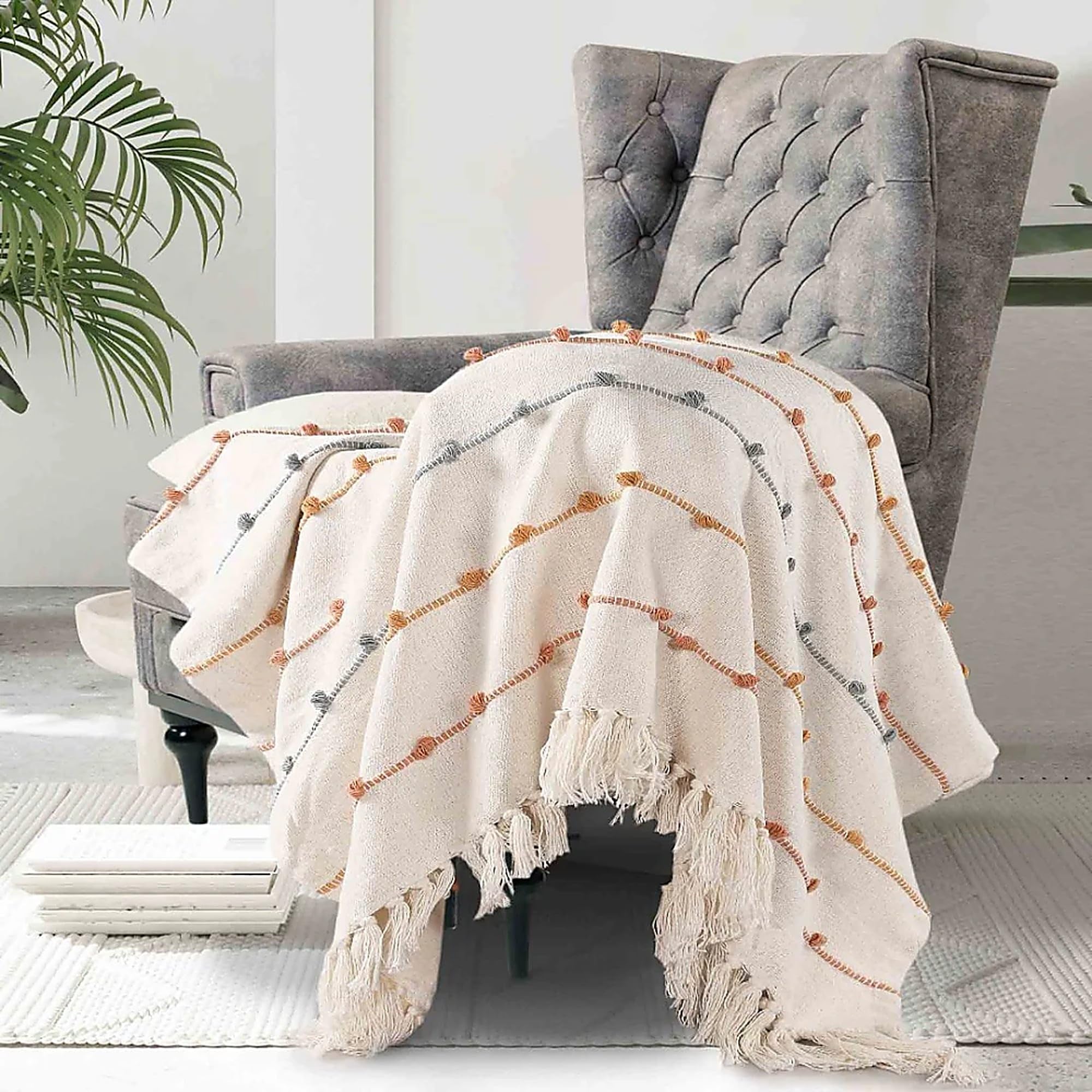 SASHAA WORLD Multicolour Striped Comfort Cotton Throw | Ideal for Sofa, Bed, Chair & Living Room | Cozy & Stylish Blanket | Natural & Beige | 150x125 cm