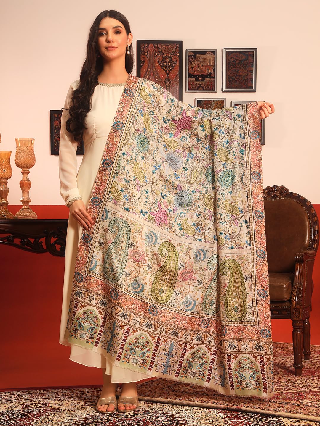 Pashmoda Women Rangkaar Fine Wool Fabric Pashmina Kalamkari Embroidered Shawl (Size: 40x80in, 101x203cm) KAS14