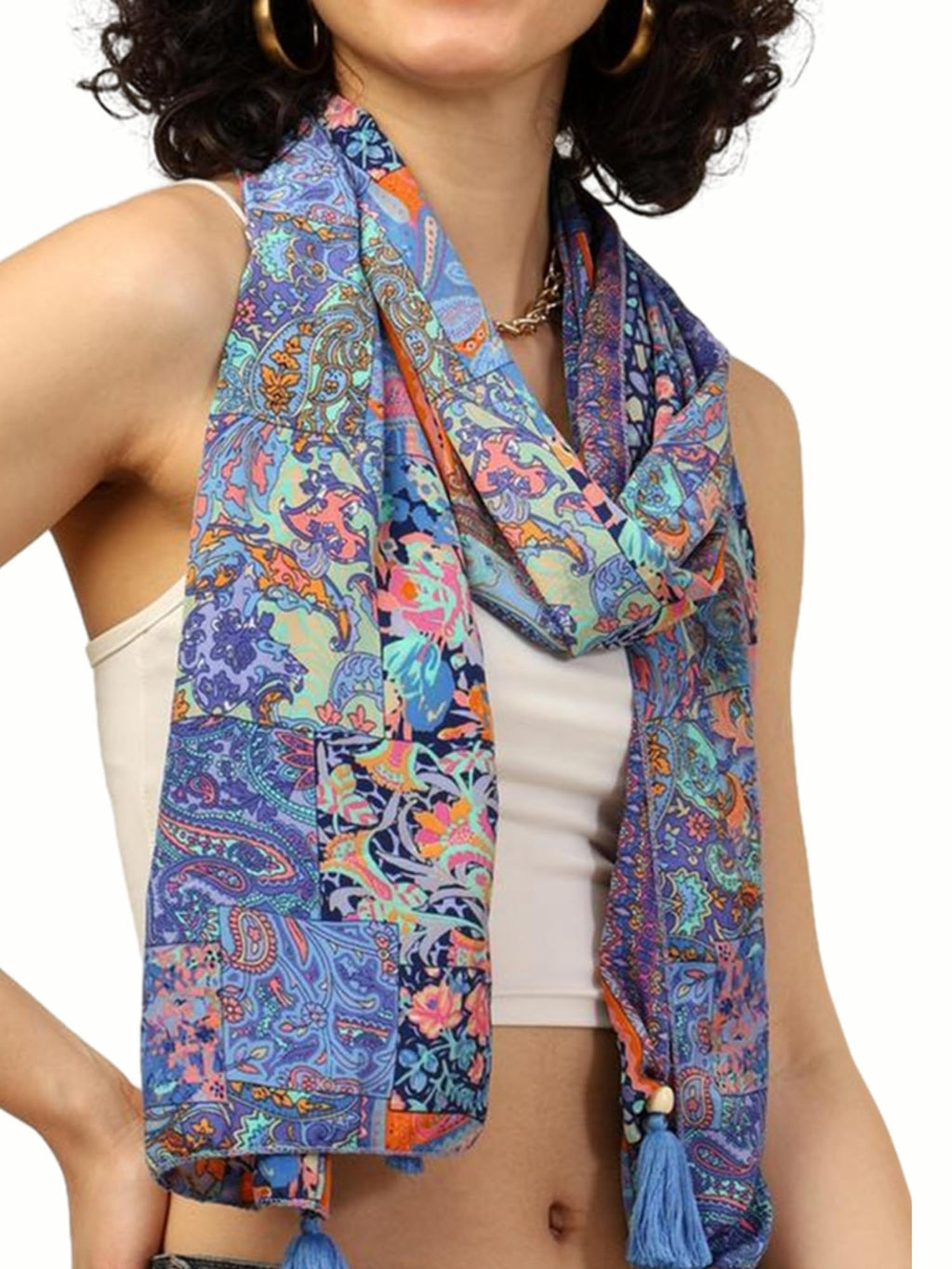 KE KANHA EXPORTS Scarf for Women Boho | Border Print Stylish | Stole for Women Breathable Summer Beach Wrap with Tassels | Multicolour |180 x 50 cm FREE Scrunchie Included