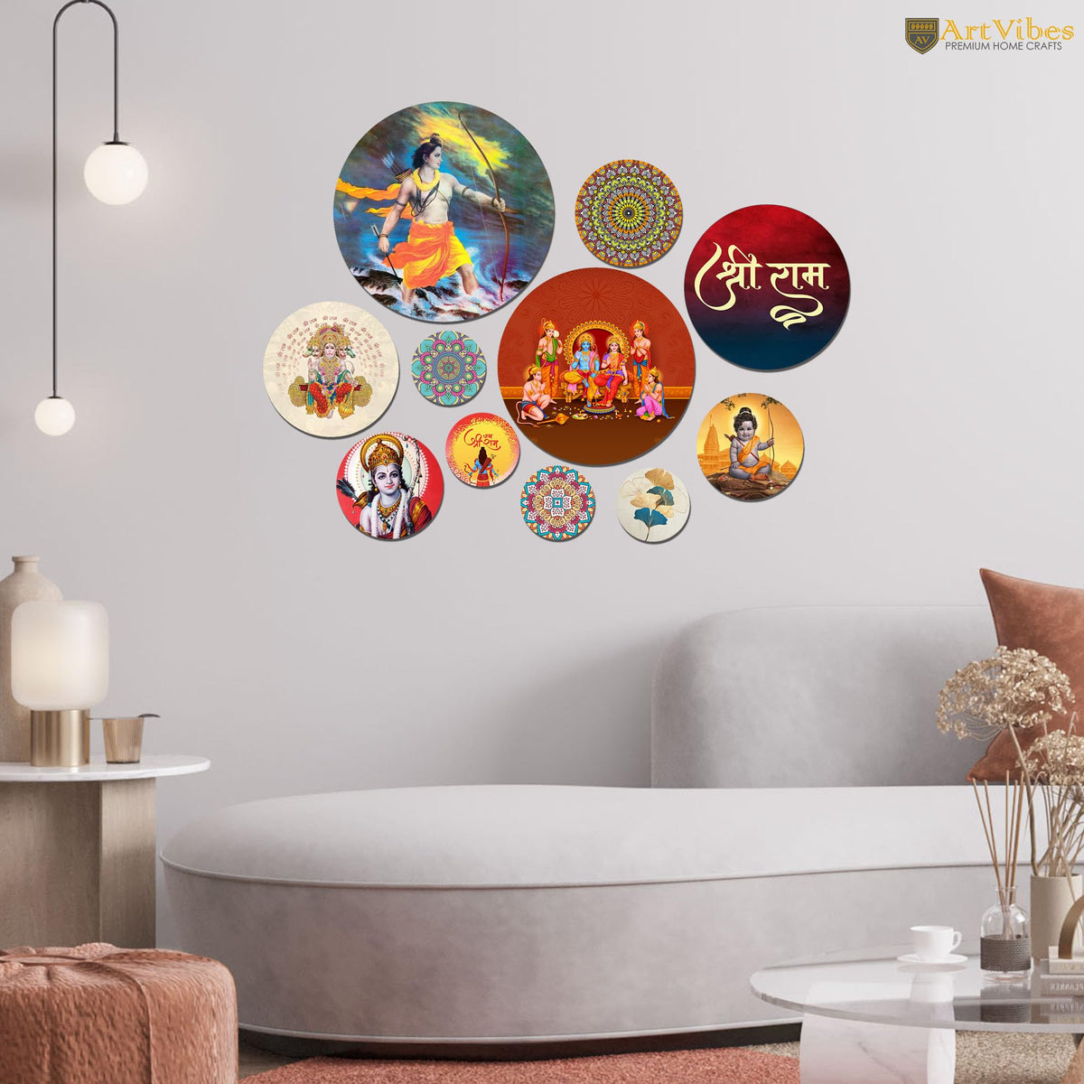 Artvibes Lord Shri Ram Parivaar & Hanumanji Round Shape MDF Wooden Wall Art for Home Decoration | Spiritual Decor Items | Wall Illustrations| Stylish Modern Artwork | Gift Items (WPS_143N), Set of 11