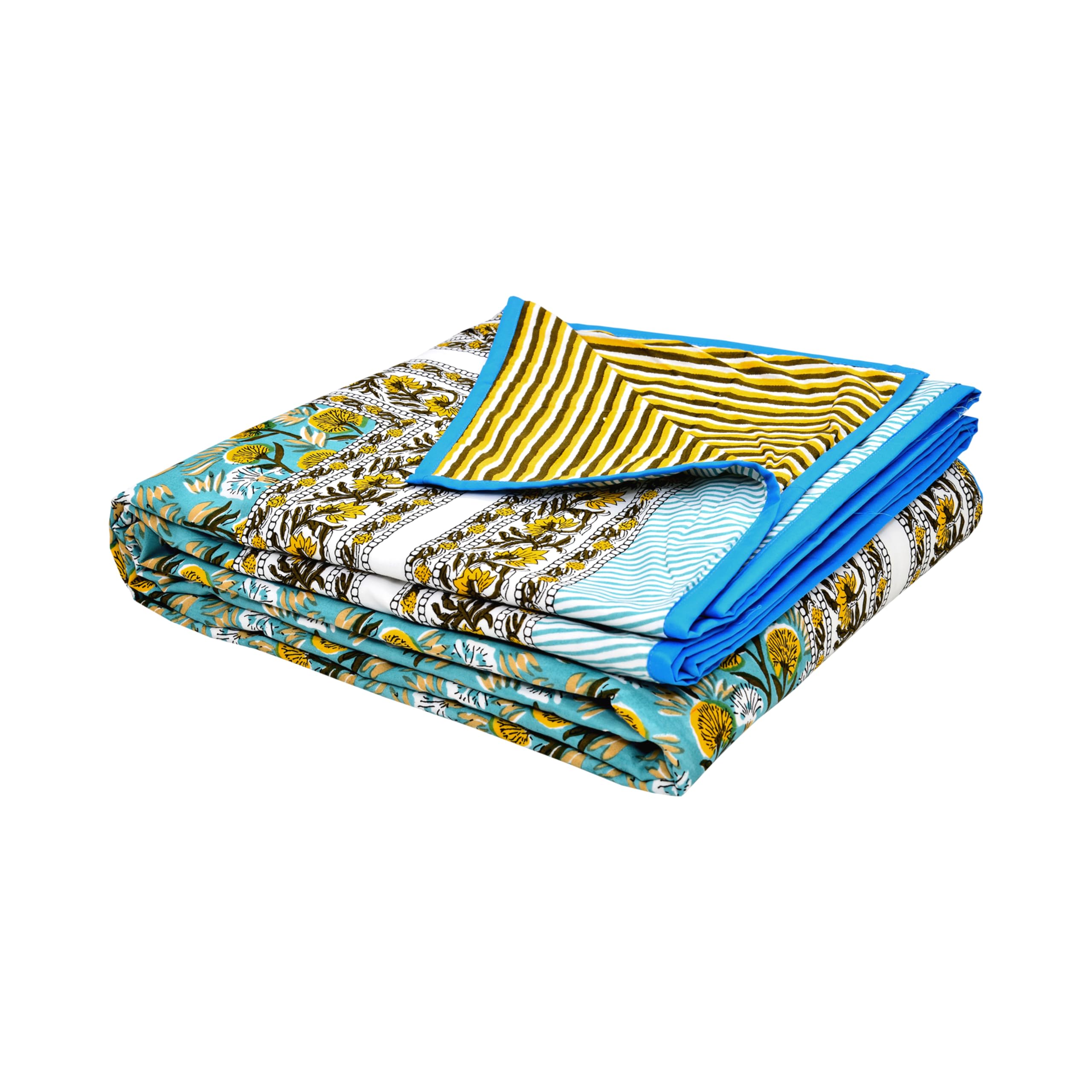 BLOCKS OF INDIA Hand Block Printed Cotton Single Size Reversible Malmal Dohar for Summer (Blue GAD BUTI) Kafalo