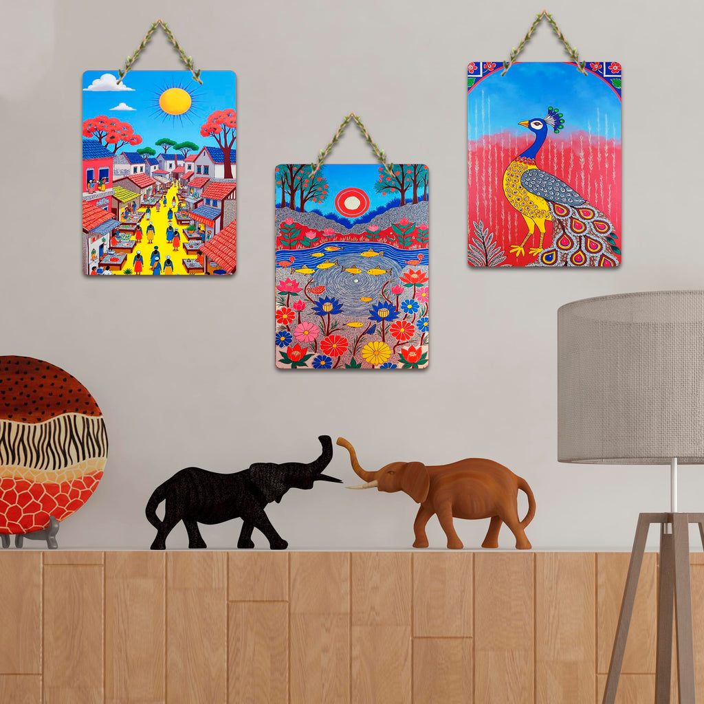 Artvibes Traditional Indian Wall Decor Decorative MDF Wooden Wall Art for Home | Wall Sculpture | Signs & Plaques | Festive Decor | Graphic Artwork | Wall Poster | Gift Items (WH_9610N), Set of 3
