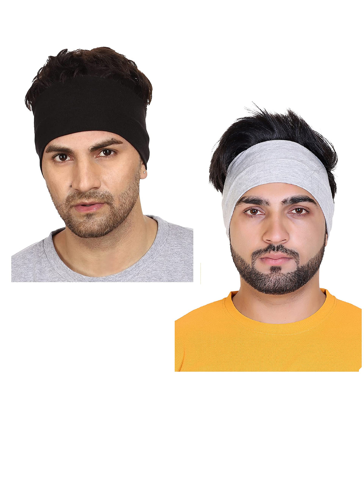 Gajraj Wide, Moisture Wicking and Non-Slip Exercise Workout Cotton Headband for Men and Women (Pack of 2) (Black-Light Grey)