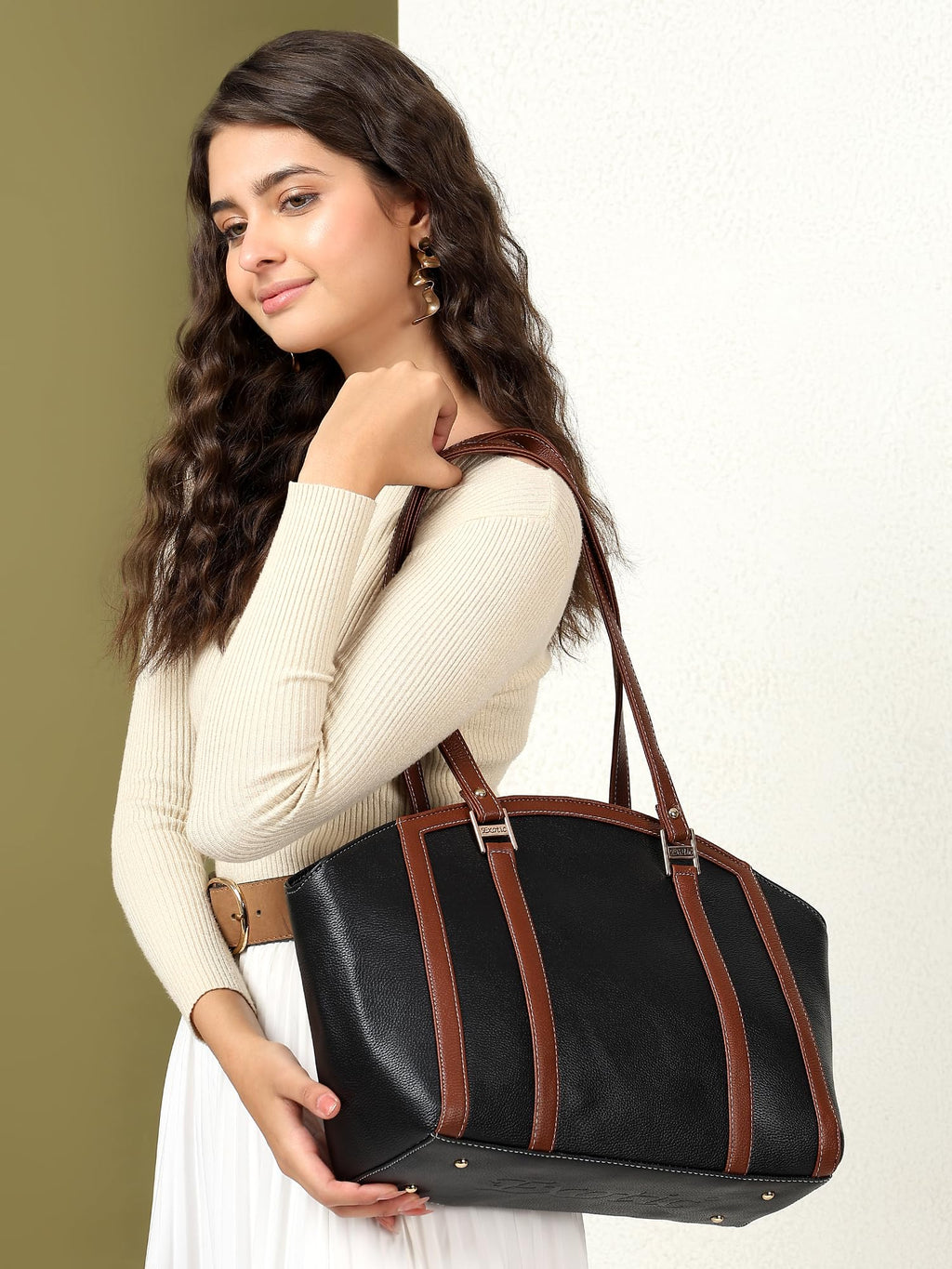 EXOTIC Shoulder Handbag for Women, Classic Fashion Design with Contrast Stitching (Black)