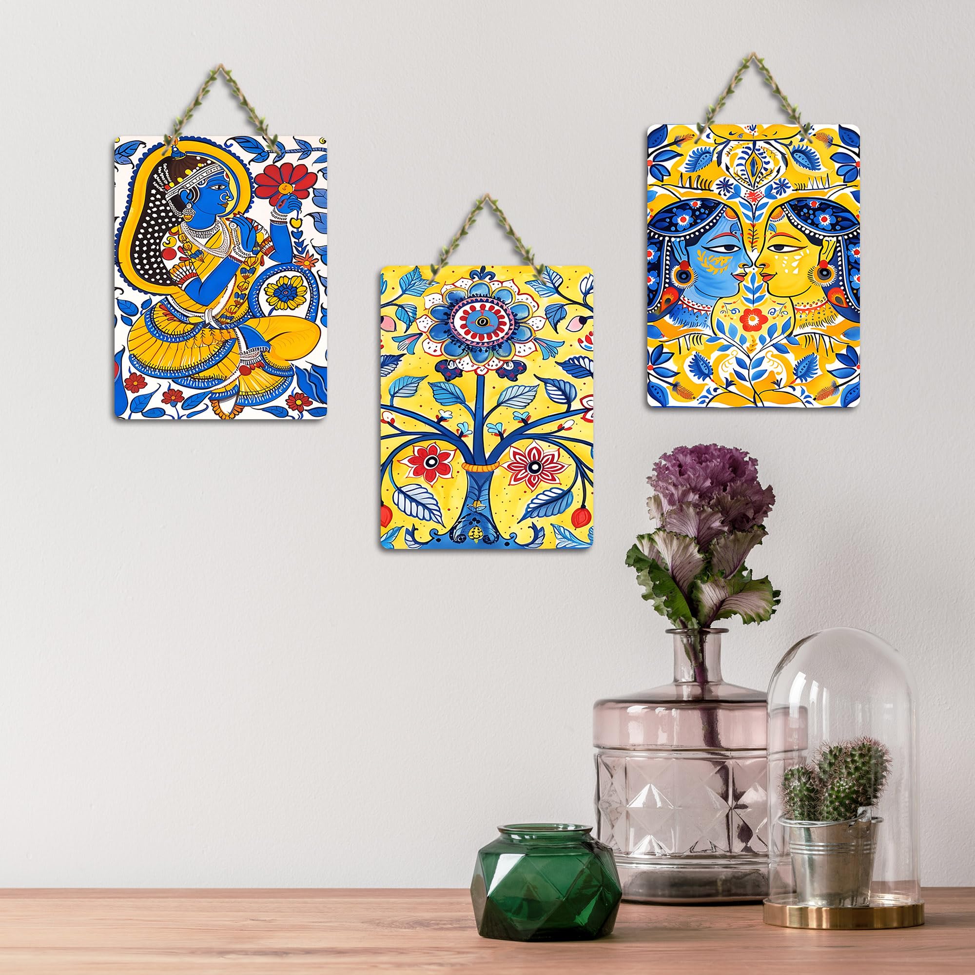 Artvibes Traditional Indian Aesthetic Folk Art Wooden Wall Hanger for Home Decor | Art For Wall | Wall Sculpture | Signs & Plaques | Festive Decor | Wall Poster | Unique Gift (WH_96183N), Set of 3