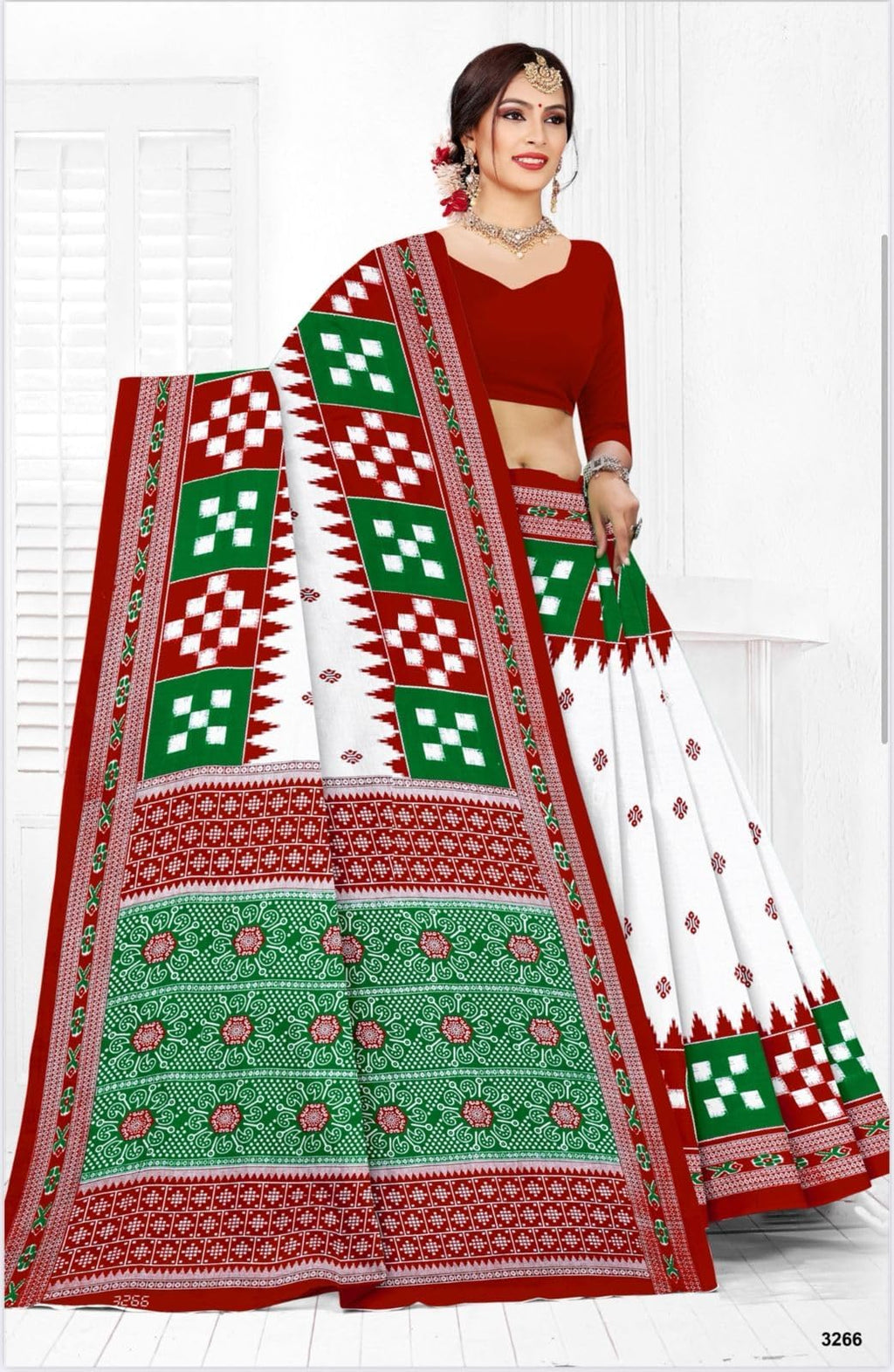 Sareewalla Women Cotton Sambalpuri Saree with Traditional Ethnic Patterns and Decorative Printed Border | Soft Breathable Cotton Saree | Without Blouse Piece (Red)