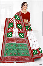 Sareewalla Women Cotton Sambalpuri Saree with Traditional Ethnic Patterns and Decorative Printed Border | Soft Breathable Cotton Saree | Without Blouse Piece (Red)