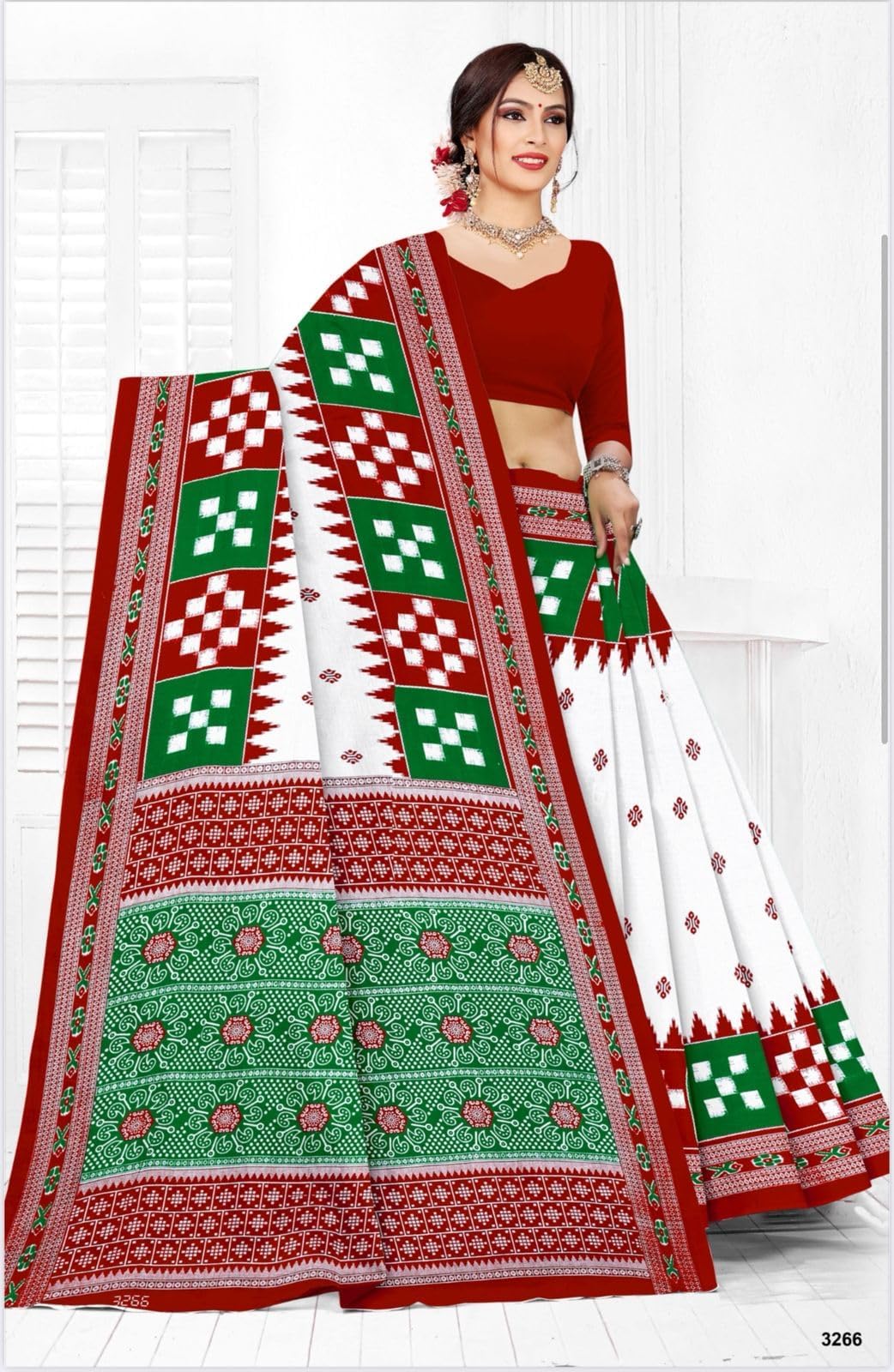 Sareewalla Women Cotton Sambalpuri Saree with Traditional Ethnic Patterns and Decorative Printed Border | Soft Breathable Cotton Saree | Without Blouse Piece (Red)