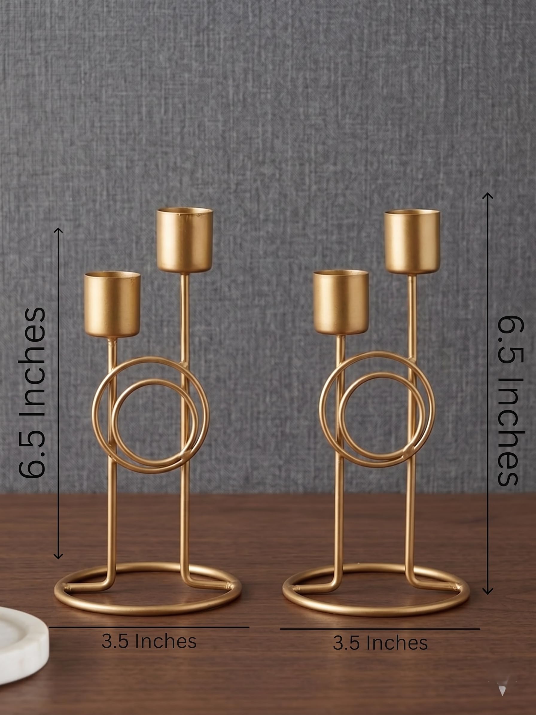 Metalcore Gold Candle Holders Set of 2 - Modern Geometric Metal Candlestick Stand with Dual Stems - 6.5 Tall Decorative Centerpiece for Dining Table, Mantle, Wedding, and Home Decor