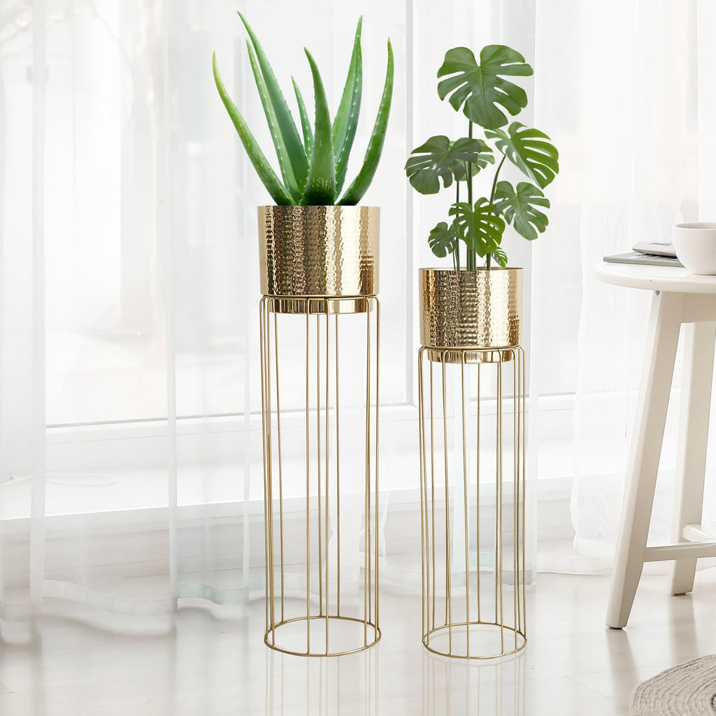 BEHOMA Gold Metal Floor Planters with Stand, Set of 2 - Living Room