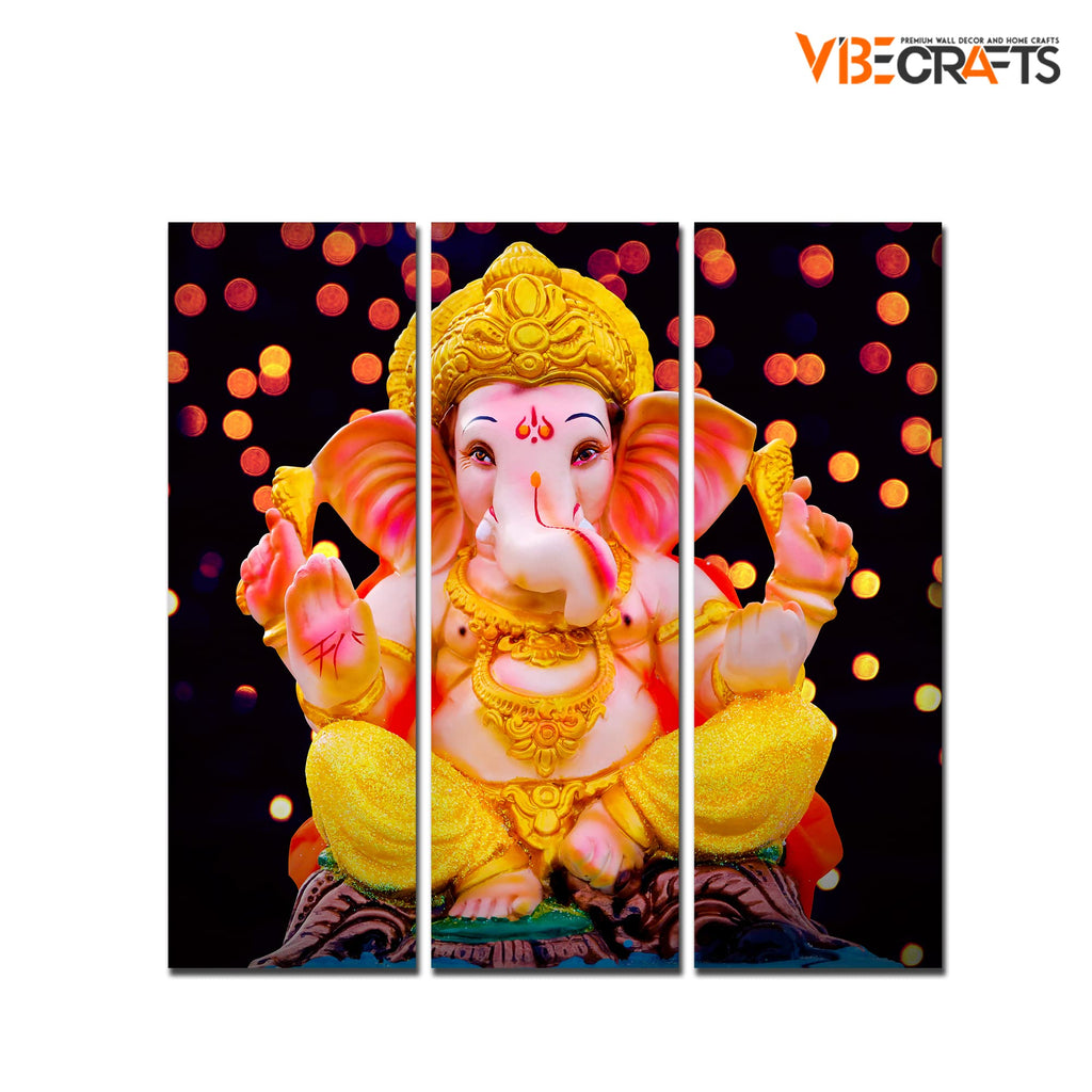 VIBECRAFTS 3 Pieces Ganesha Ji Canvas Wall Painting Fitted With Wooden Frame For Home | Office | Living Room | Gifts (PTVC3Pcs1_9569)