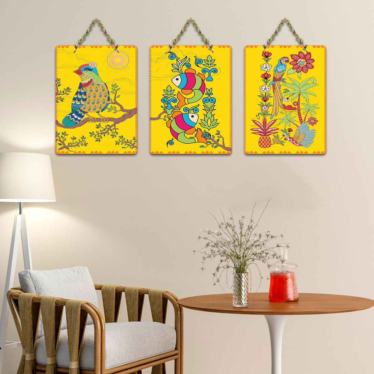 Artvibes Blissful Bird Aquatic Fish & Vibrant Parrot Art Decorative Wall Art MDF Wooden Wall Hanger for Home | Handcrafted Art | Wall Poster | Graphic Artwork | Unique Gift (WH_9621N), Set of 3