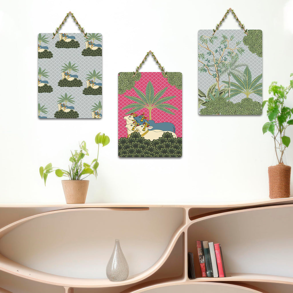 Artvibes Sacred Cows & Mother Nature Aesthetic Modern Art Decorative Wall Hanging Ornaments | Handcrafted Art | Graphic Artwork | Wall Poster | Sceneries | Unique Gift Items (WH_9698N), Set of 3