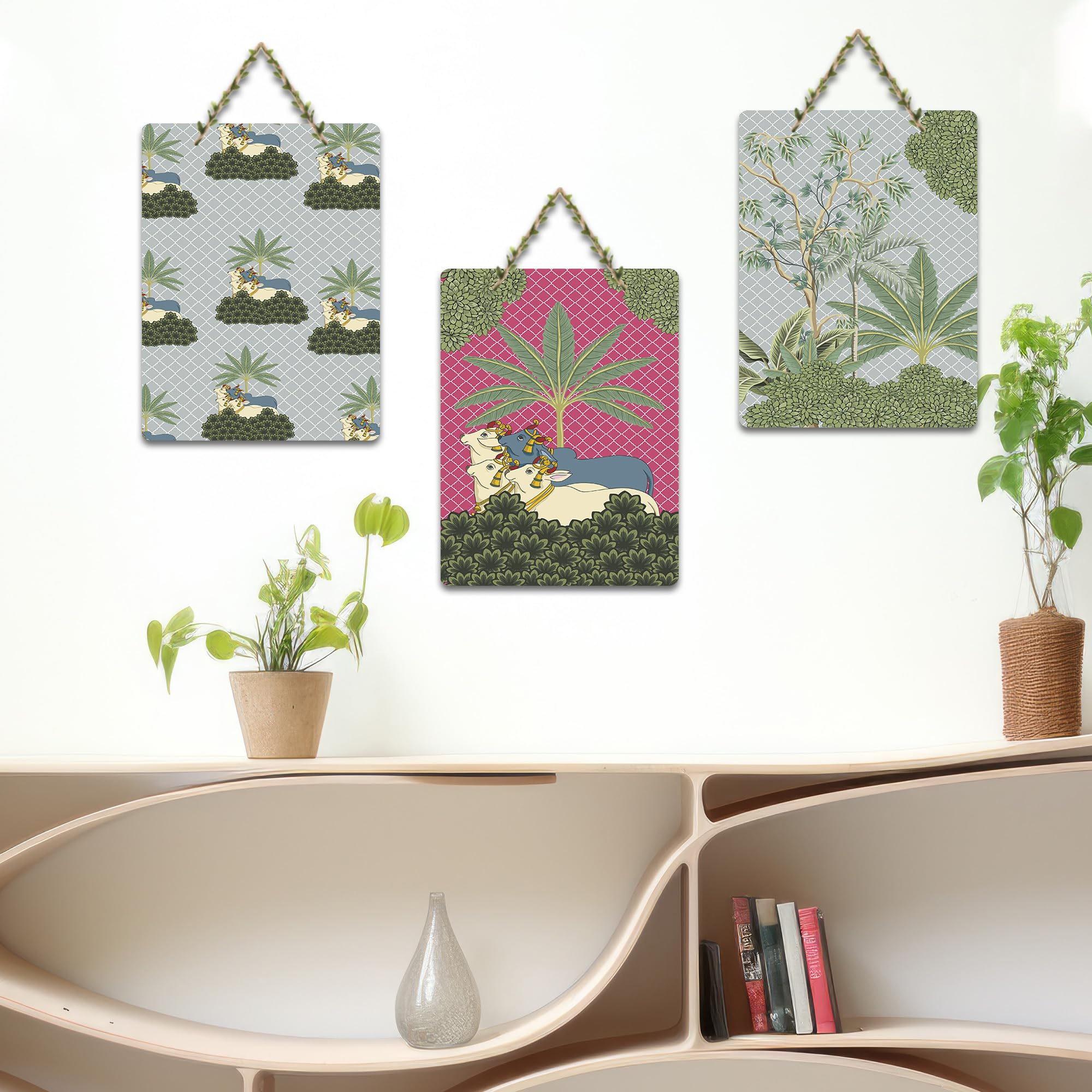 Artvibes Sacred Cows & Mother Nature Aesthetic Modern Art Decorative Wall Hanging Ornaments | Handcrafted Art | Graphic Artwork | Wall Poster | Sceneries | Unique Gift Items (WH_9698N), Set of 3