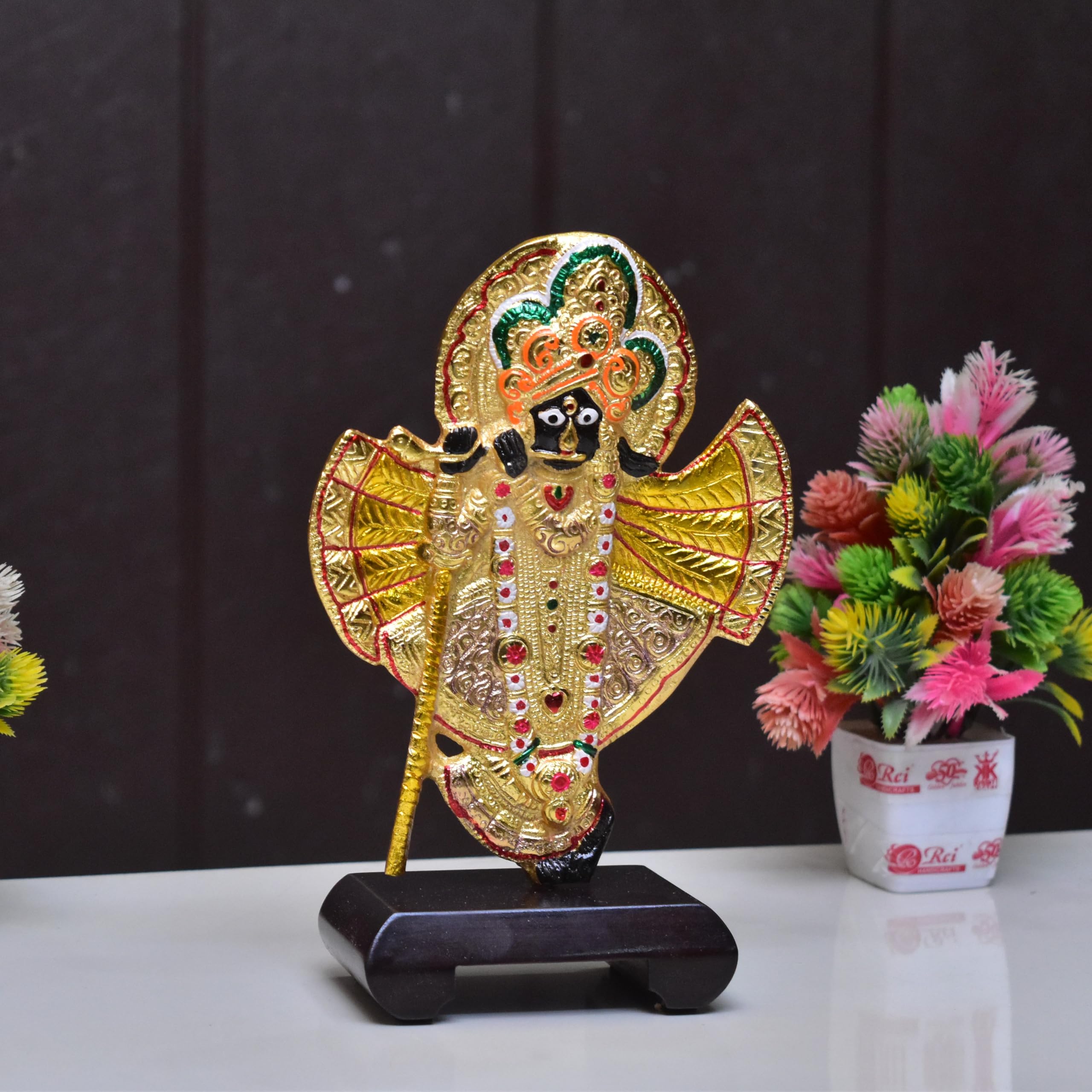 KridayKraft Shri Banke Bihari ji Vrindavan Maharaj Krishna Laddu Gopal with wodan Base Metal Statue Showpiece Figurines,Religious Idol Gift Article.